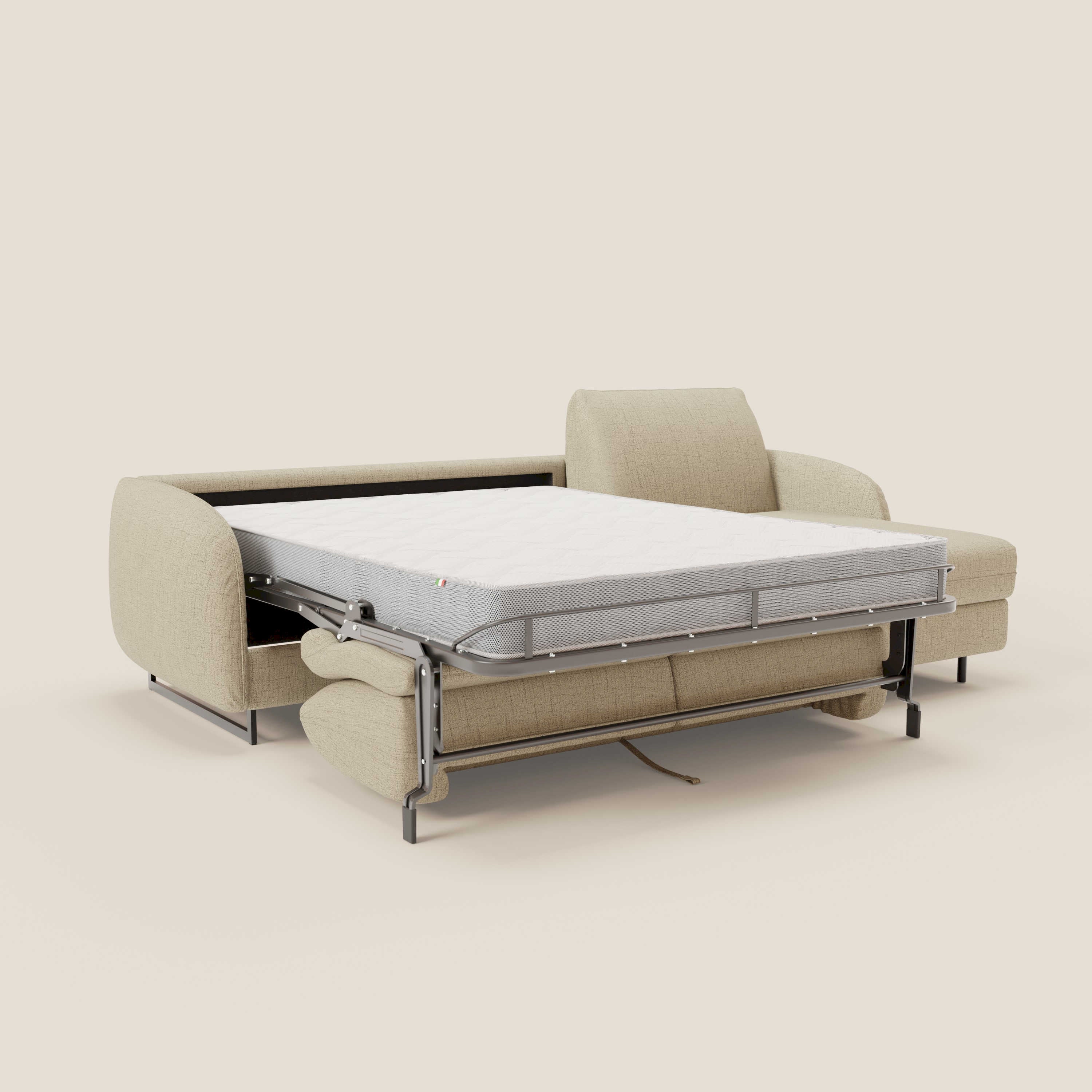 Ninfea Divano Letto Angolare con Penisola Contenitore e Materasso H18 cm - piedini in metallo e Tessuto impermeabile T03 - divani.store