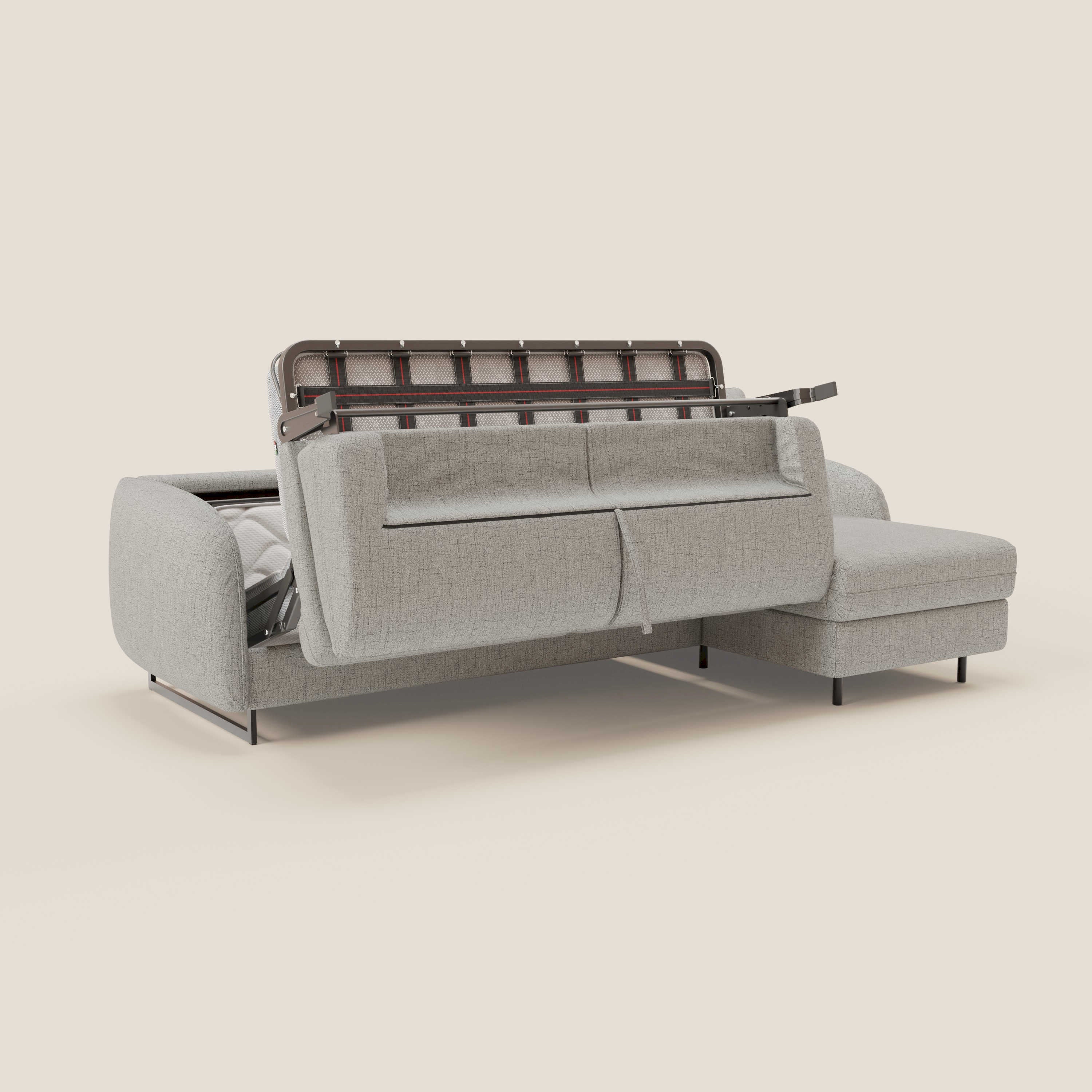 Ninfea Divano Letto Angolare con Penisola Contenitore e Materasso H18 cm - piedini in metallo e Tessuto impermeabile T03 - divani.store