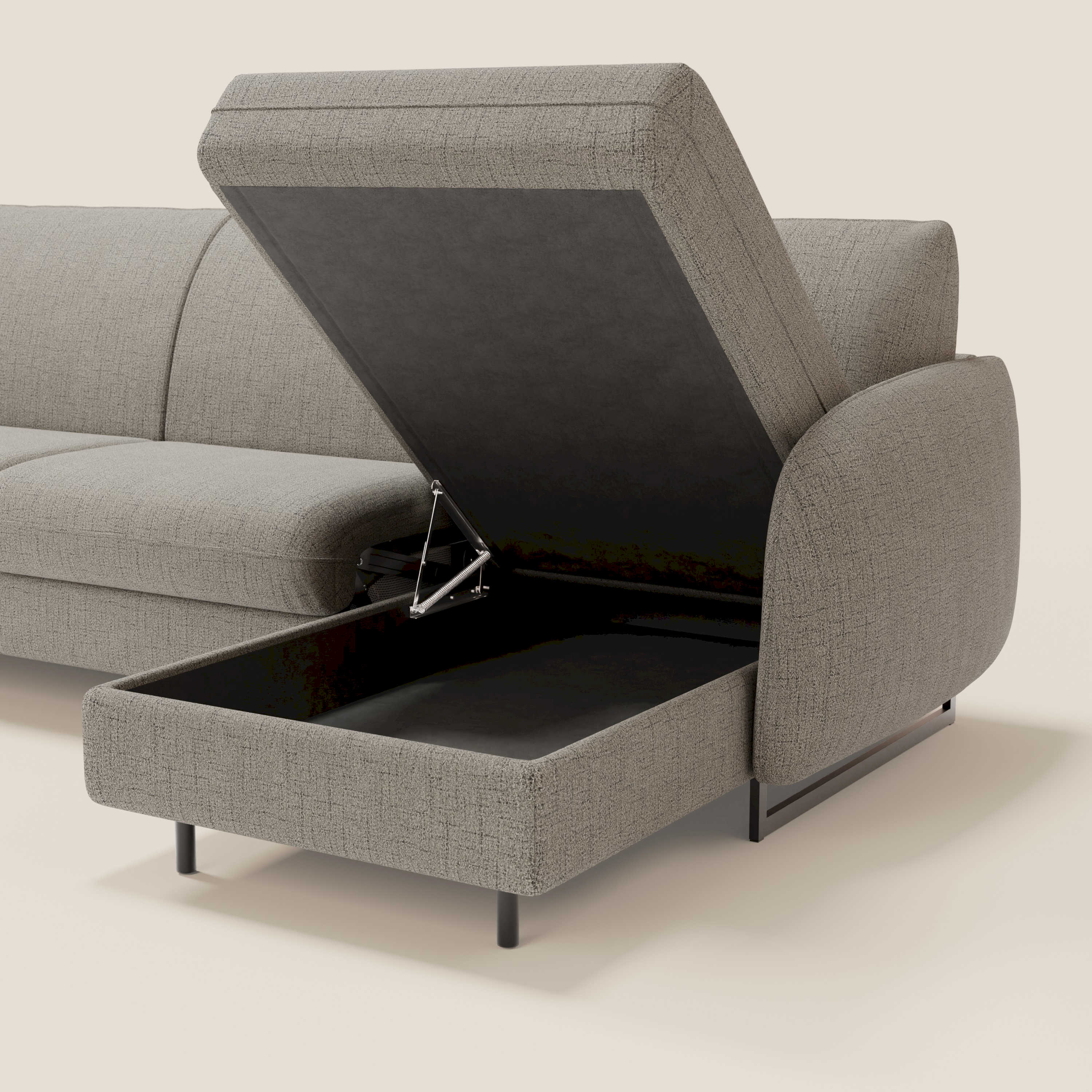 Ninfea Divano Letto Angolare con Penisola Contenitore e Materasso H18 cm - piedini in metallo e Tessuto impermeabile T03 - divani.store