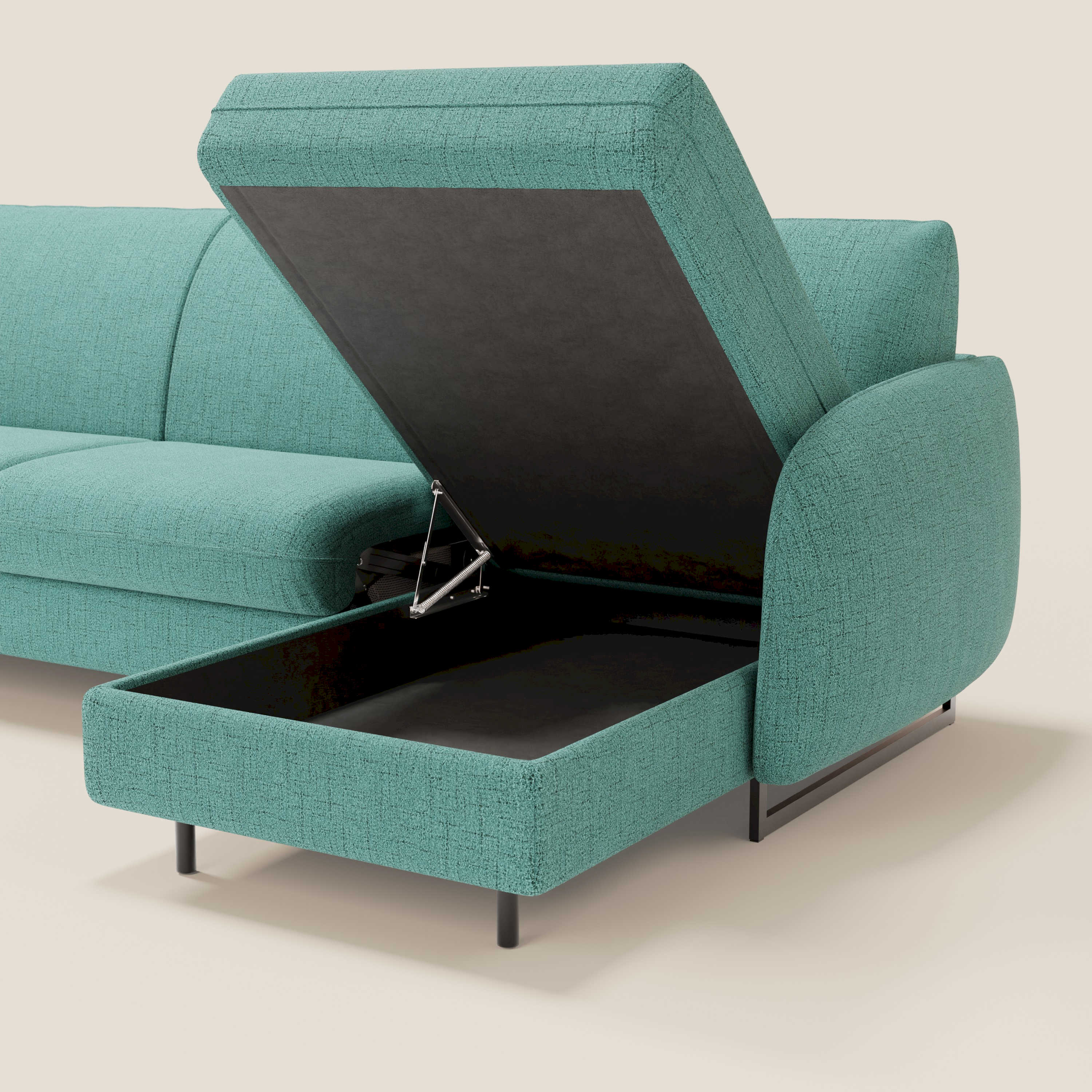 Ninfea Divano Letto Angolare con Penisola Contenitore e Materasso H18 cm - piedini in metallo e Tessuto impermeabile T03 - divani.store