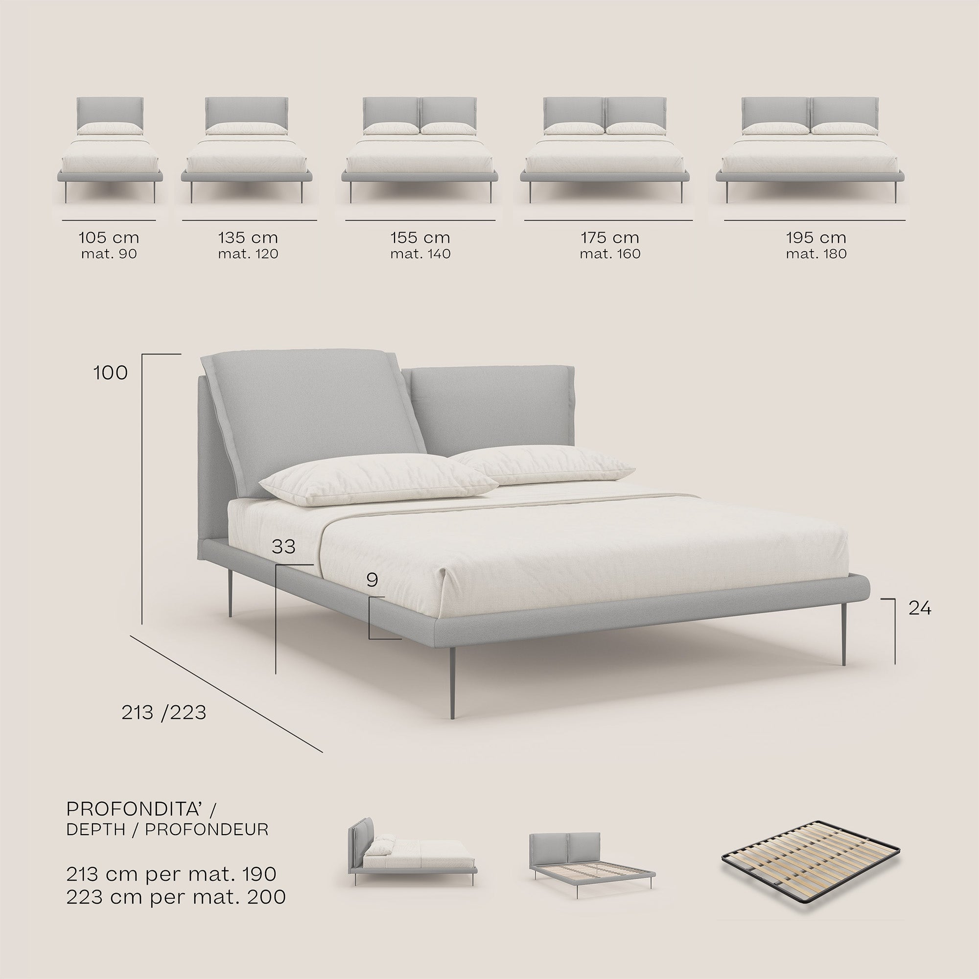 Noah letto con cuscini regolabili e piedi alti in metallo in tessuto smacchiabile T05 carta da zucchero - divani.store