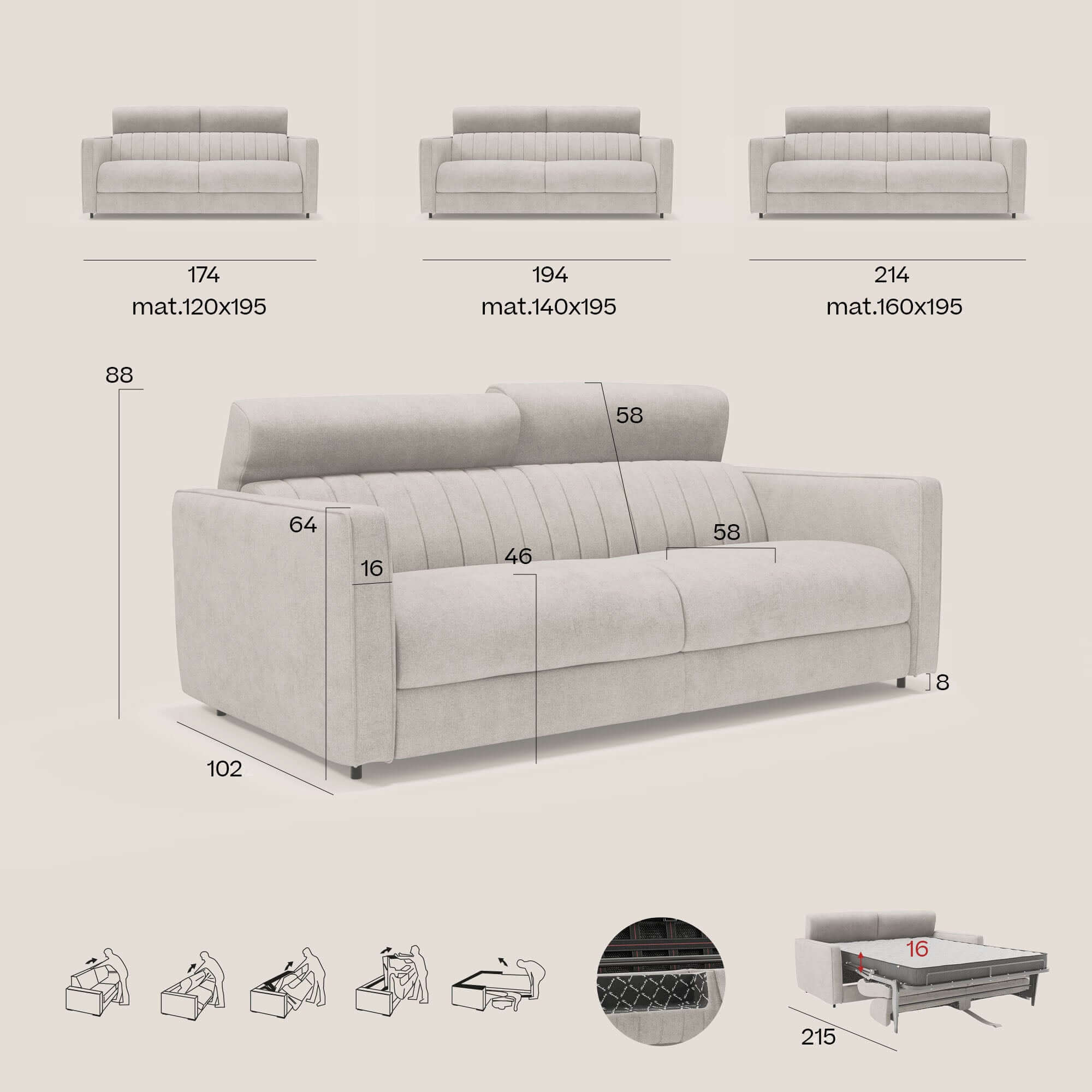 Nivon Canapé convertible moderne avec têtière en tissu détachable à l'eau T25 marron