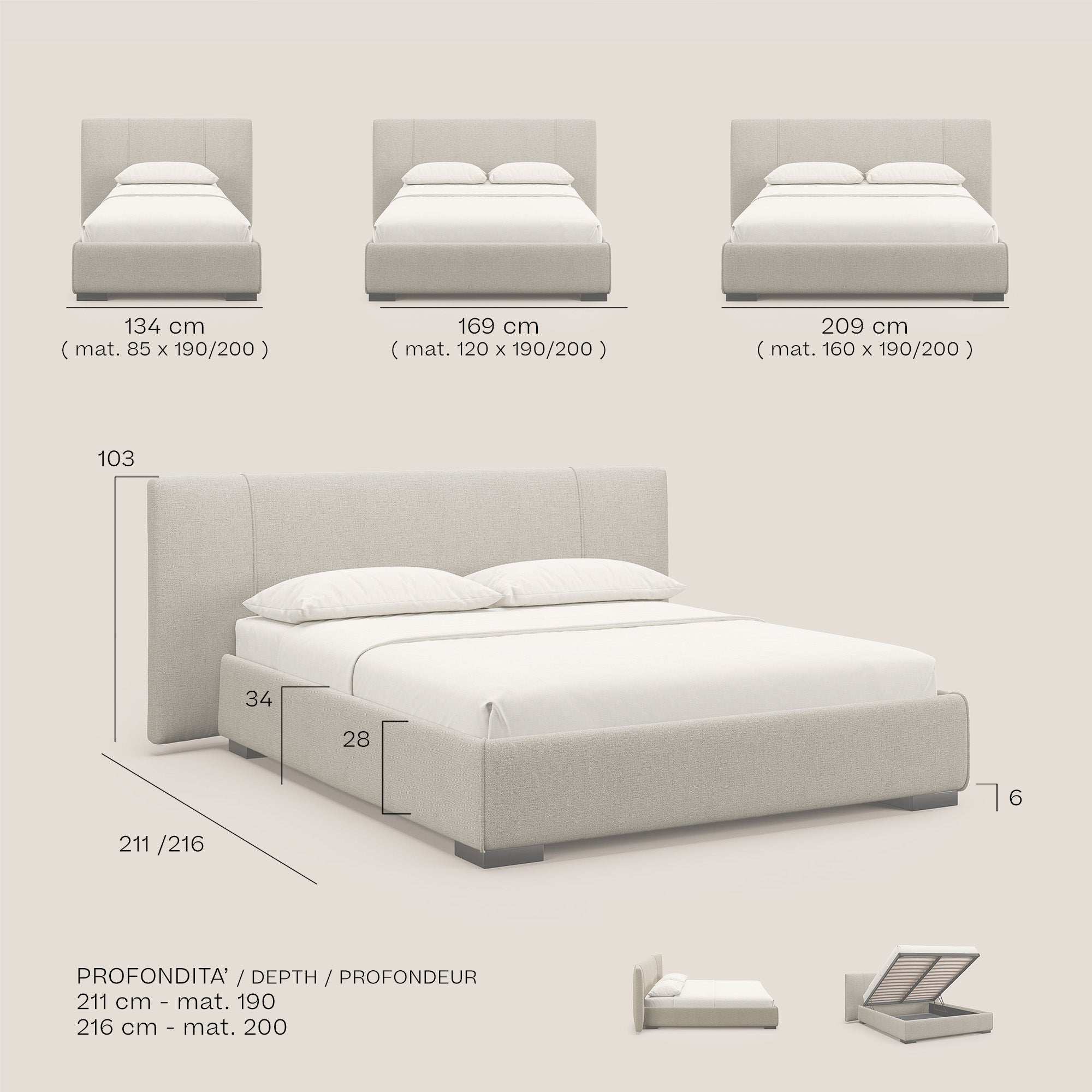 Omero letto imbottito contenitore sfoderabile in tessuto fiammato impermeabile T14 blu - divani.store