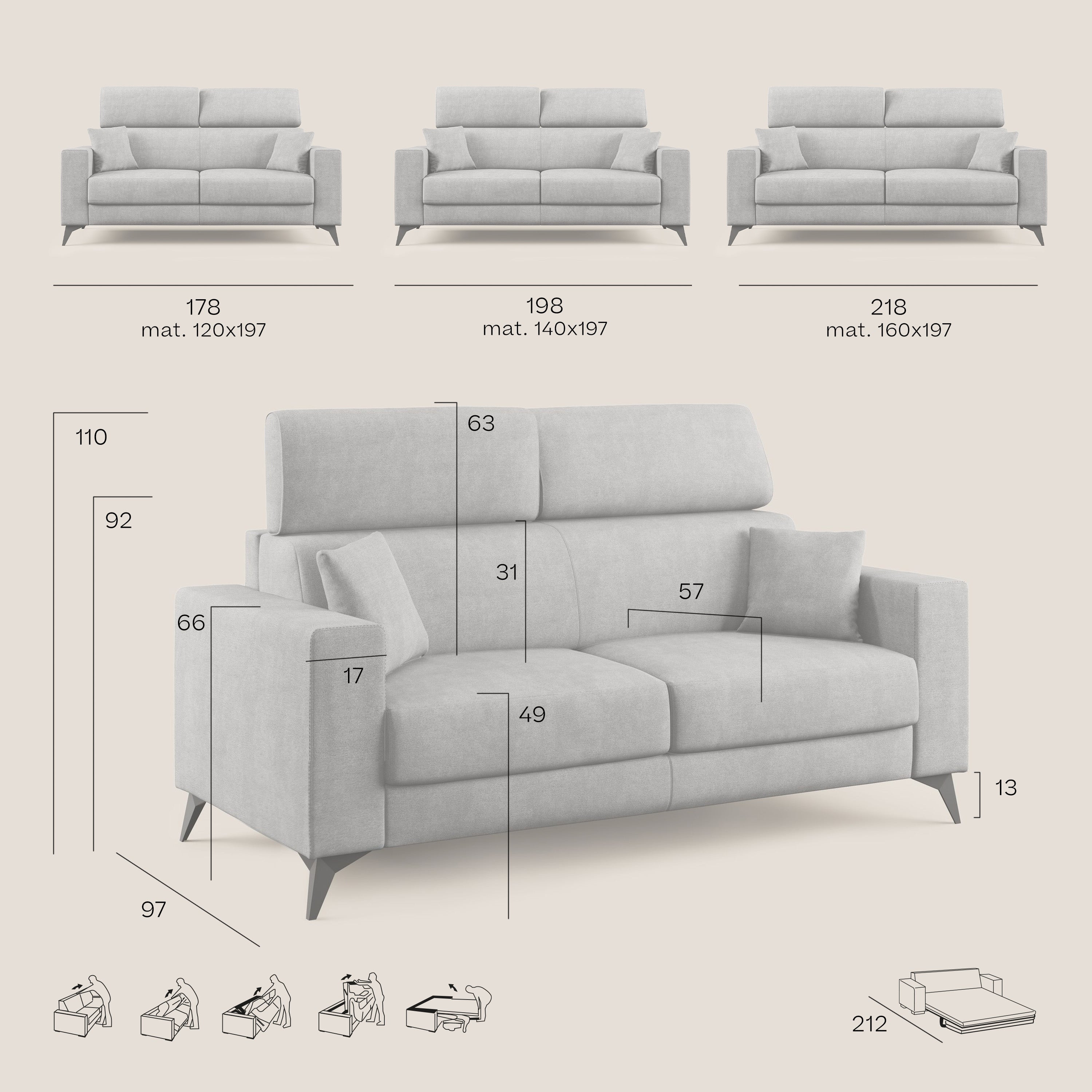 Pegaso divano letto con poggiatesta reclinabili e rivestimento T02 grigio - divani.store