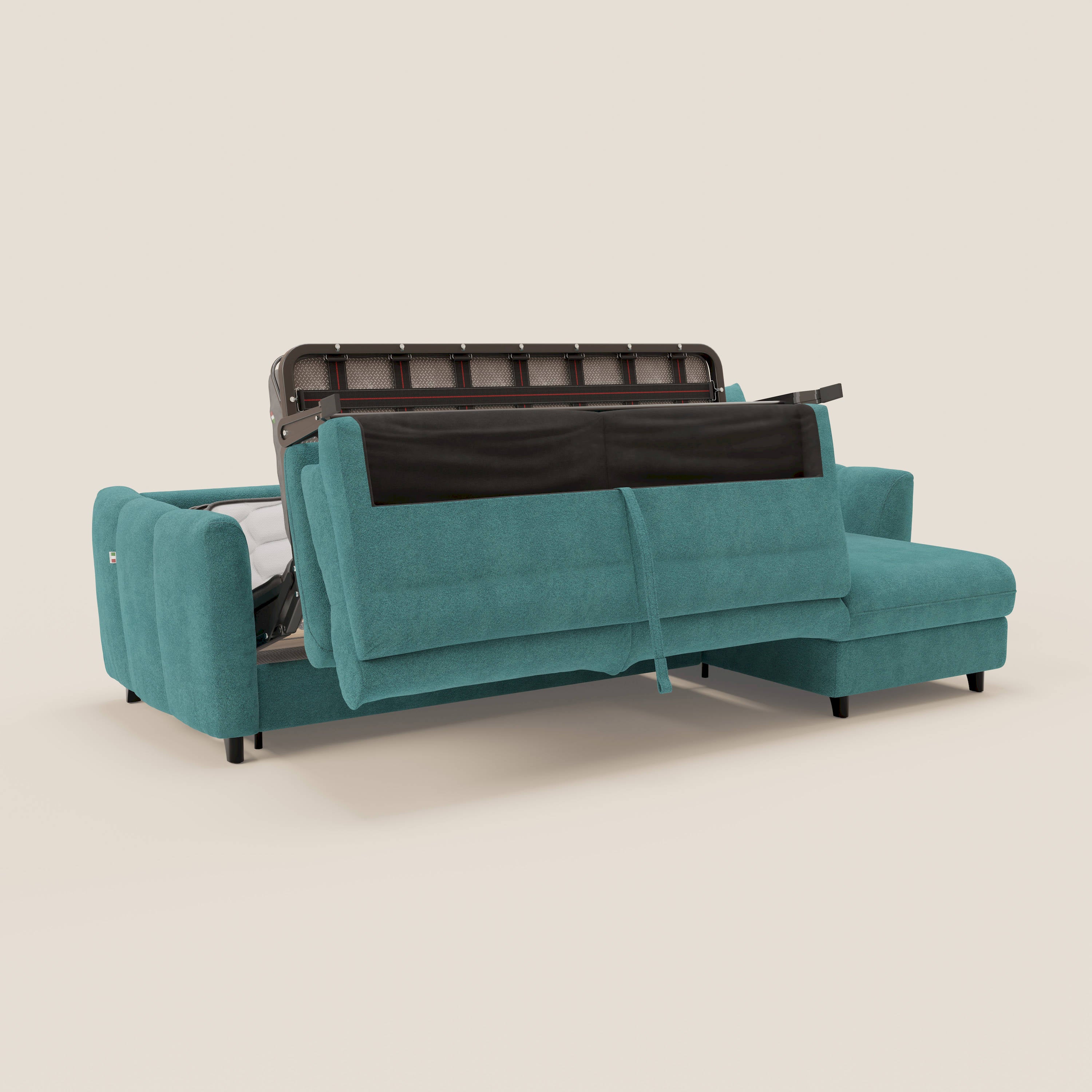 Peonia divano letto angolare con Penisola Contenitore - Materasso H18 cm in Bouclé Impermeabile T07 - divani.store