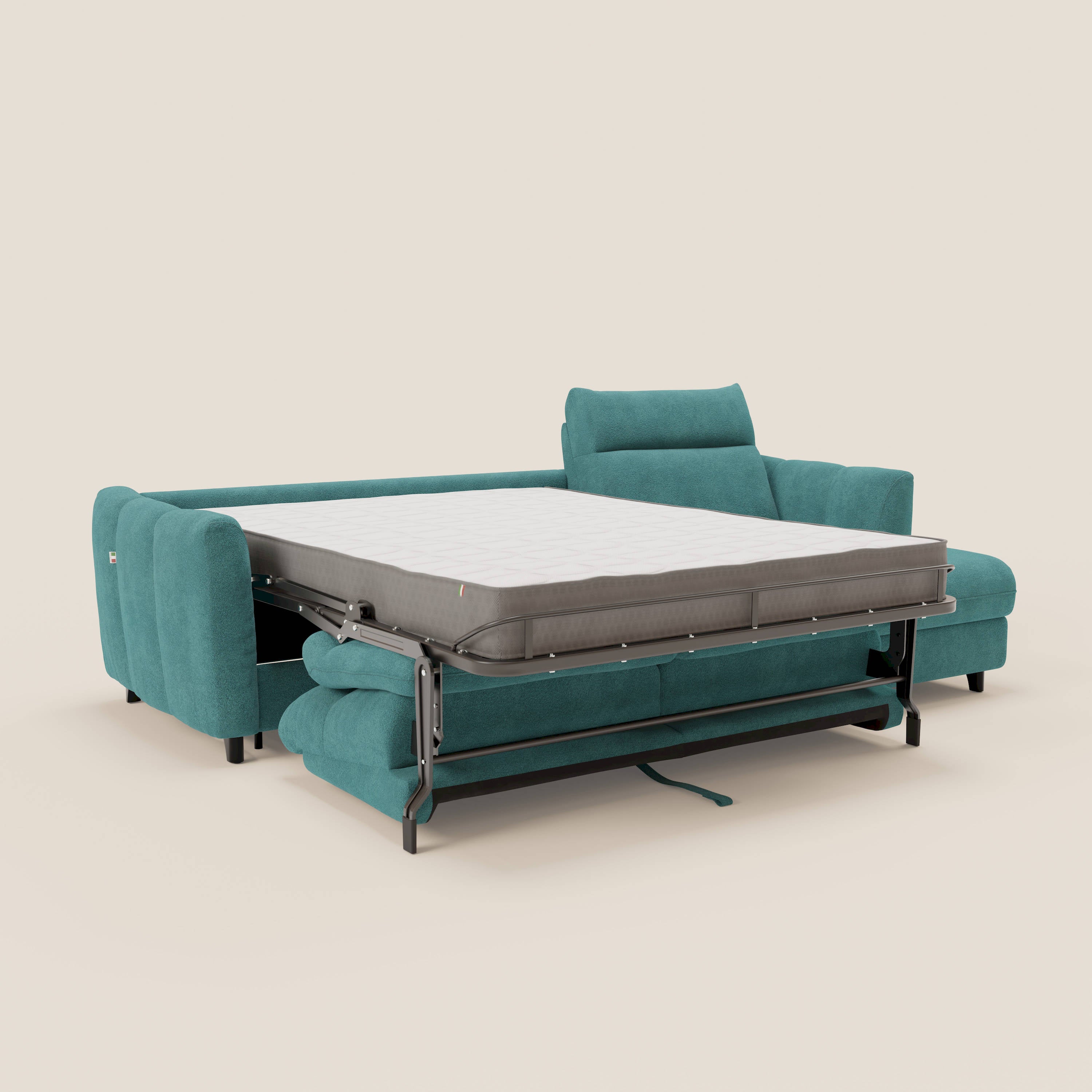 Peonia divano letto angolare con Penisola Contenitore - Materasso H18 cm in Bouclé Impermeabile T07 - divani.store