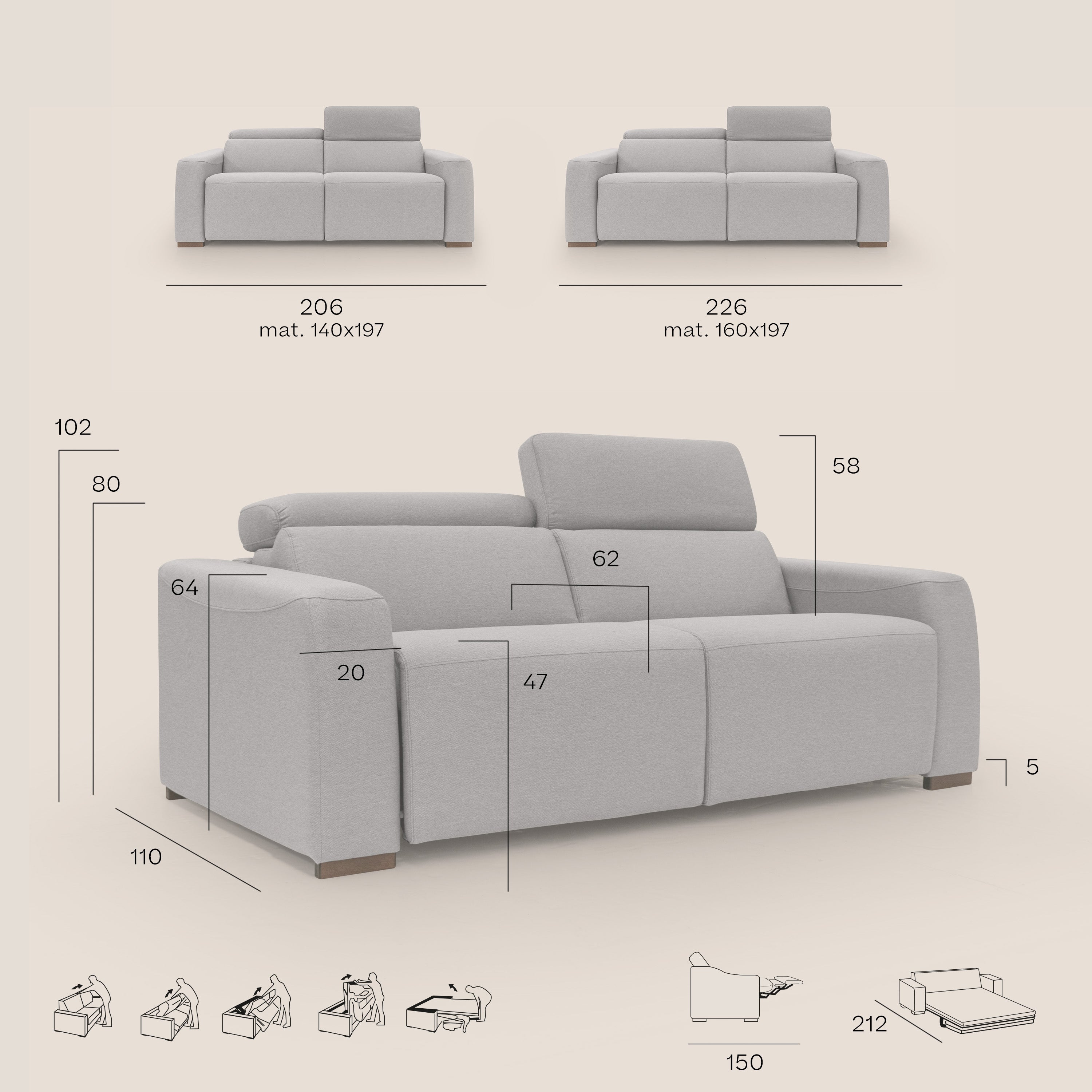 Poseidon canapé lit convertible + RELAX électrique en tissu imperméable détachable T05 marron