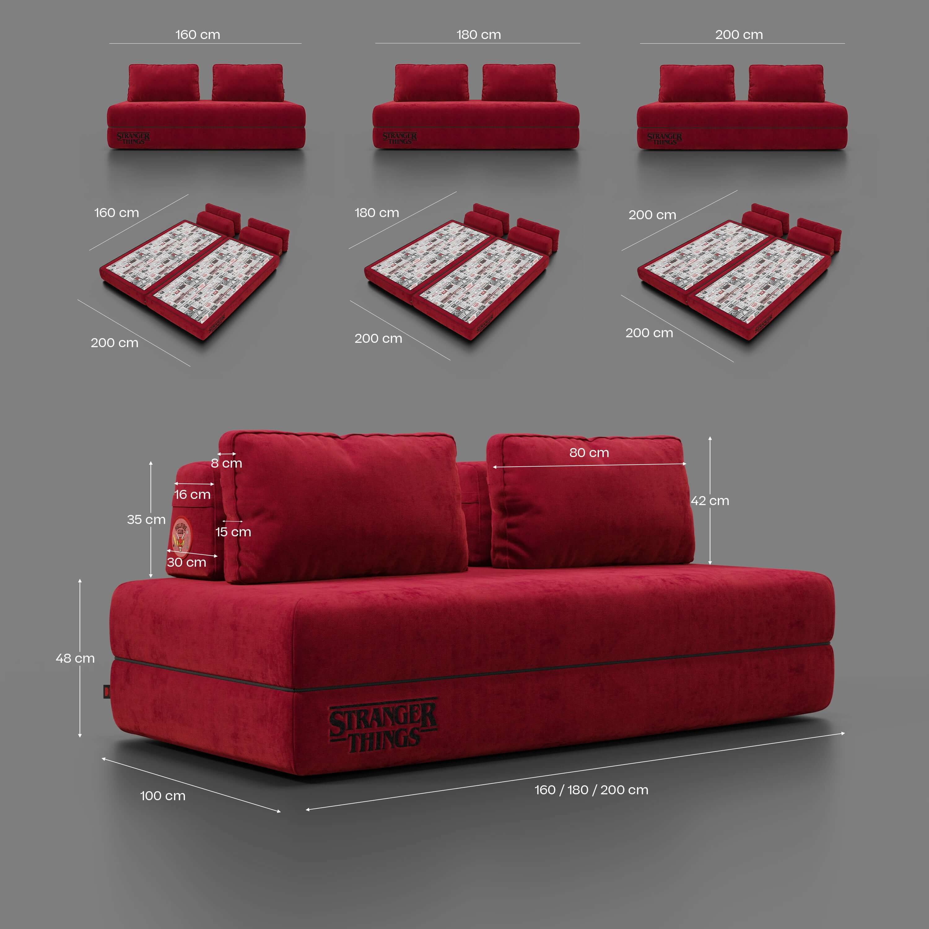 Rift Canapé-lit double Édition STRANGER THINGS 2 places et 3 places avec dossiers amovibles - matelas de 22 cm d'épaisseur en mousse à mémoire de forme en tissu détachable Rouge