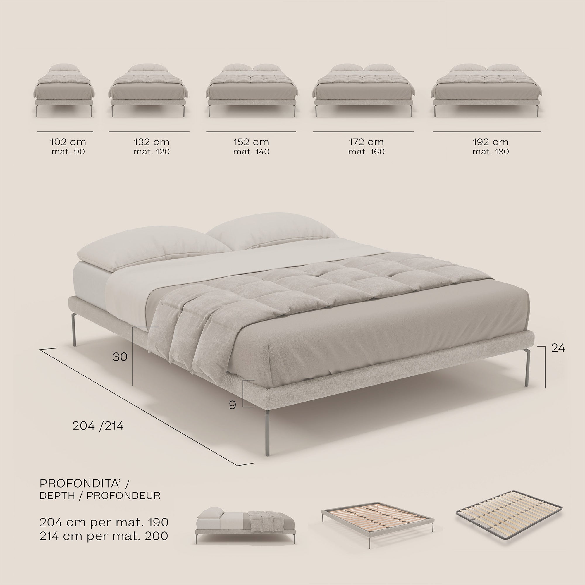 Il sommier sfoderabile Ring di Letti.store è caratterizzato da gambe alte 24 cm e tessuto impermeabile T14 rosso. Le sei misure del letto sono mostrate qui sopra, con dimensioni ed etichette in italiano, inglese e francese, a dimostrazione del design italiano di alta qualità.