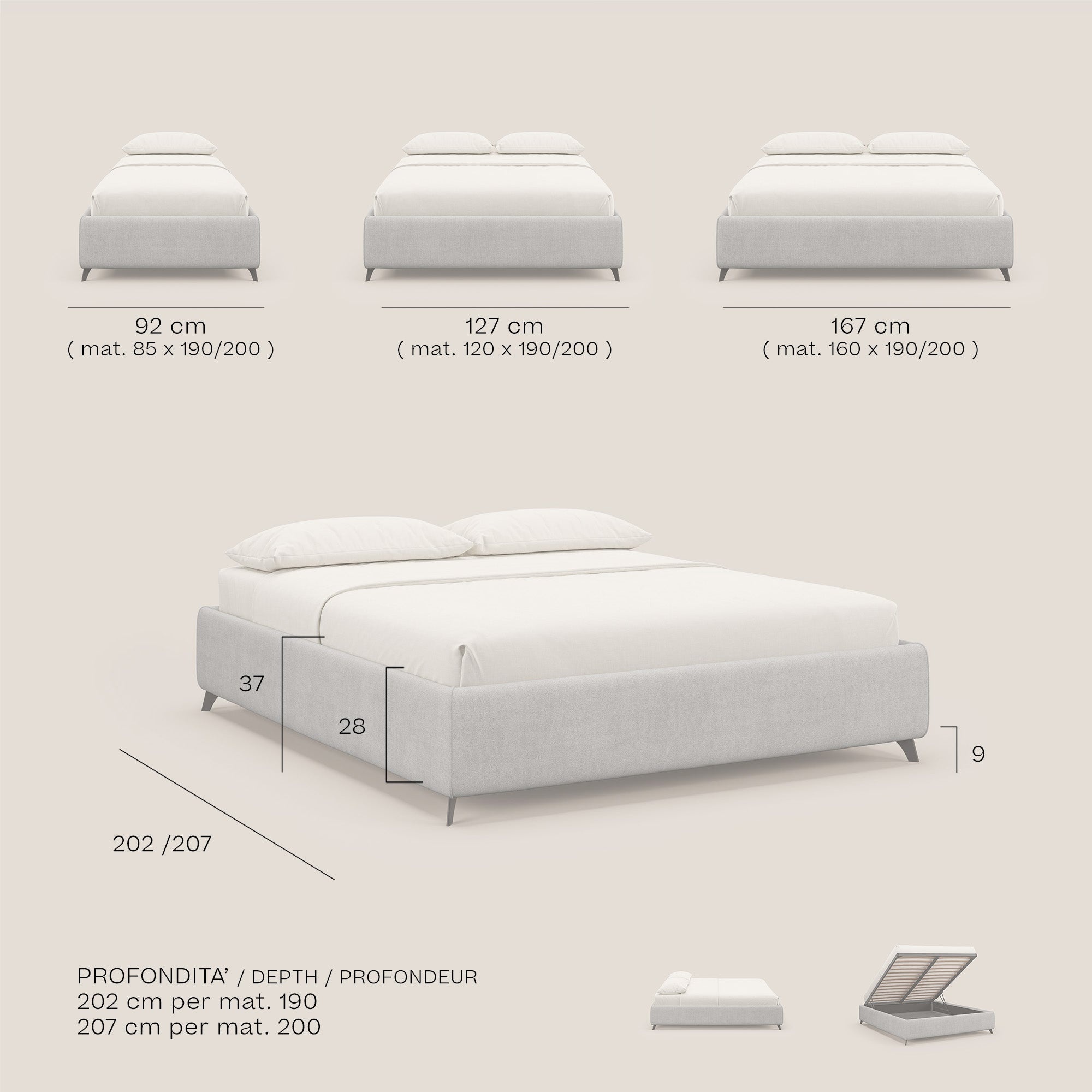 Sara sommier con giroletto contenitore in tessuto impermeabile T02 carta da zucchero - divani.store