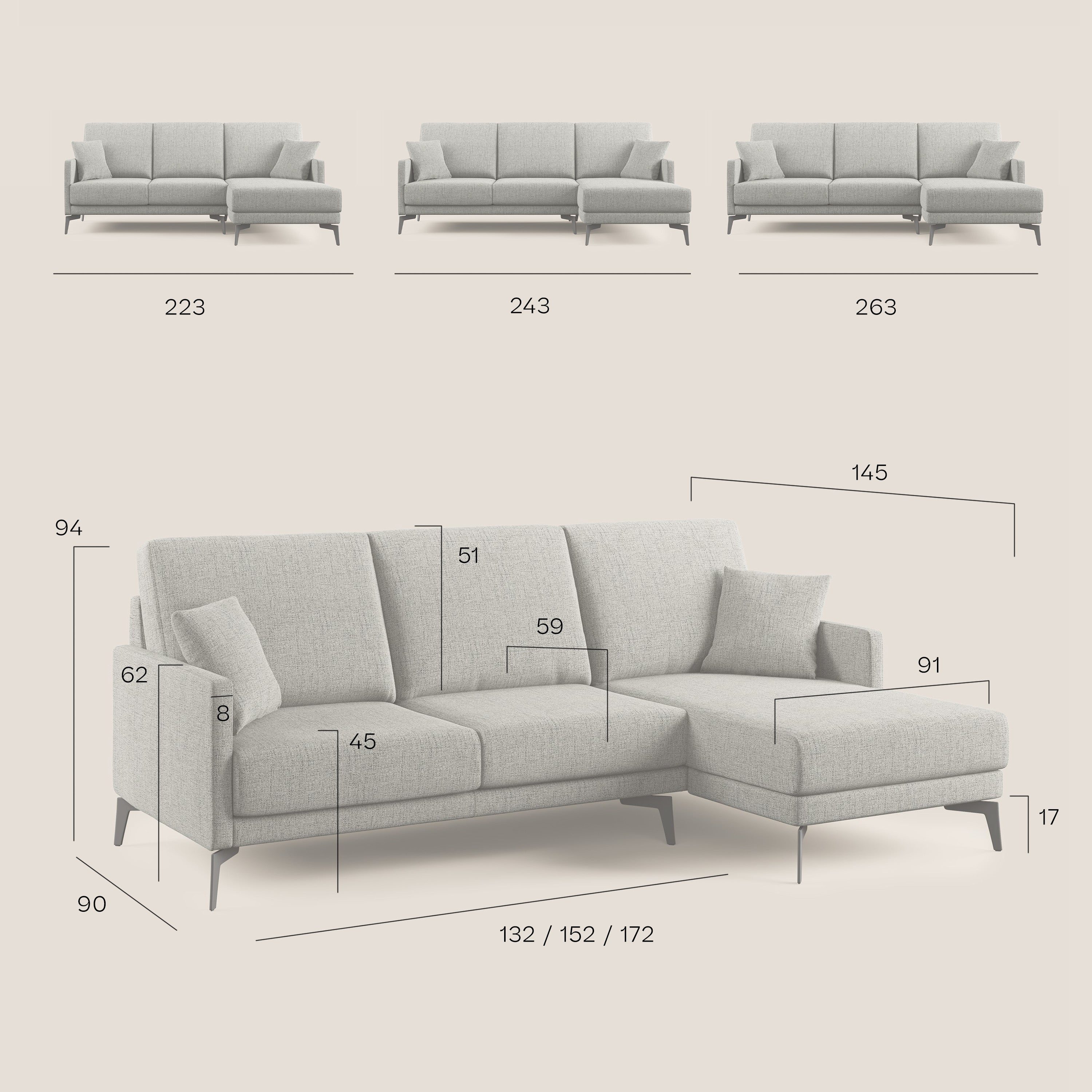 Saturno divano angolare moderno in tessuto morbido impermeabile T03 grigio - divani.store