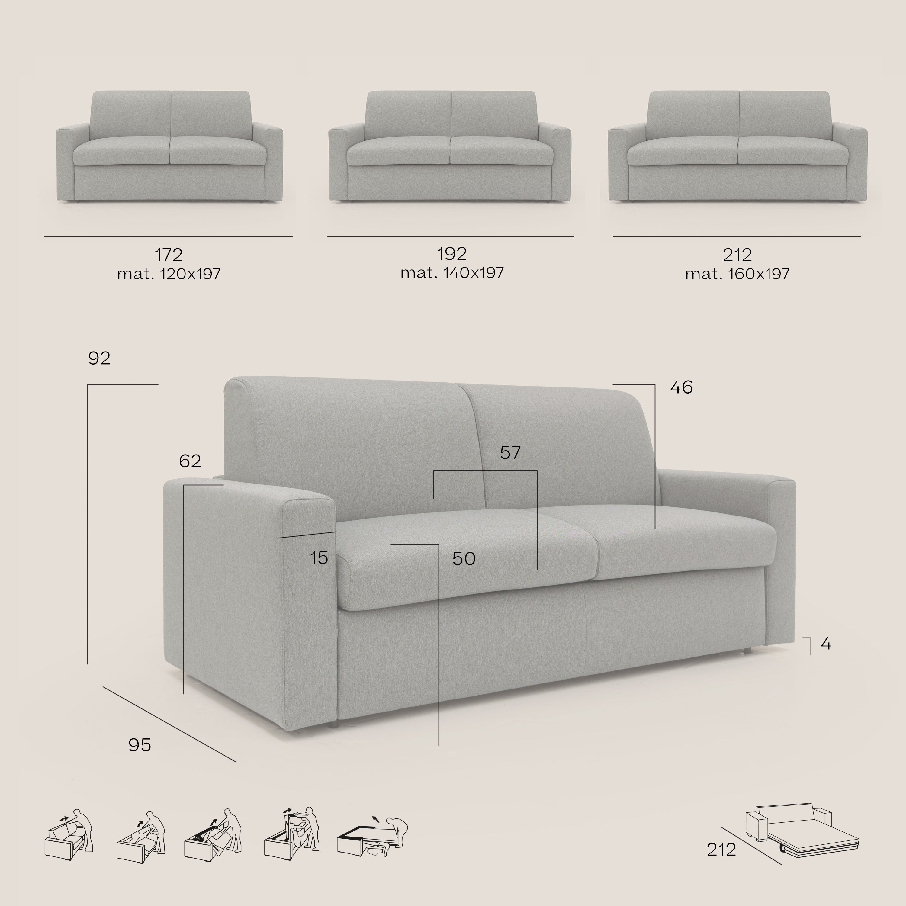 Kansas Divano letto matrimoniale alto 20 cm in tessuto impermeabile misto cotone T13 grigio - divani.store