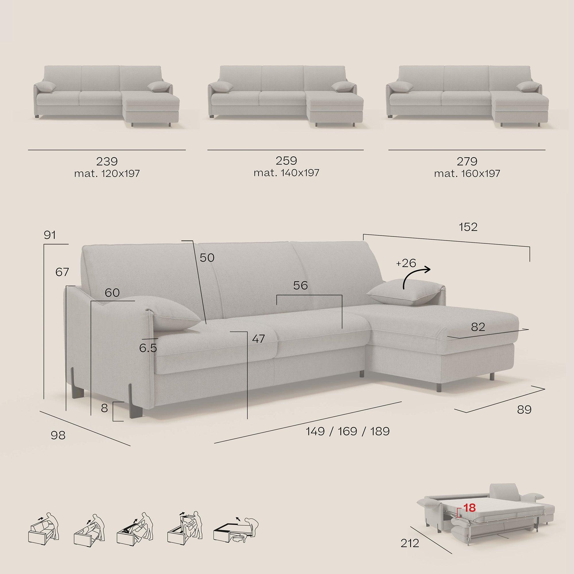 Primula divano letto angolare con materasso H18 cm - penisola contenitore in tessuto smacchiabile T05 - divani.store