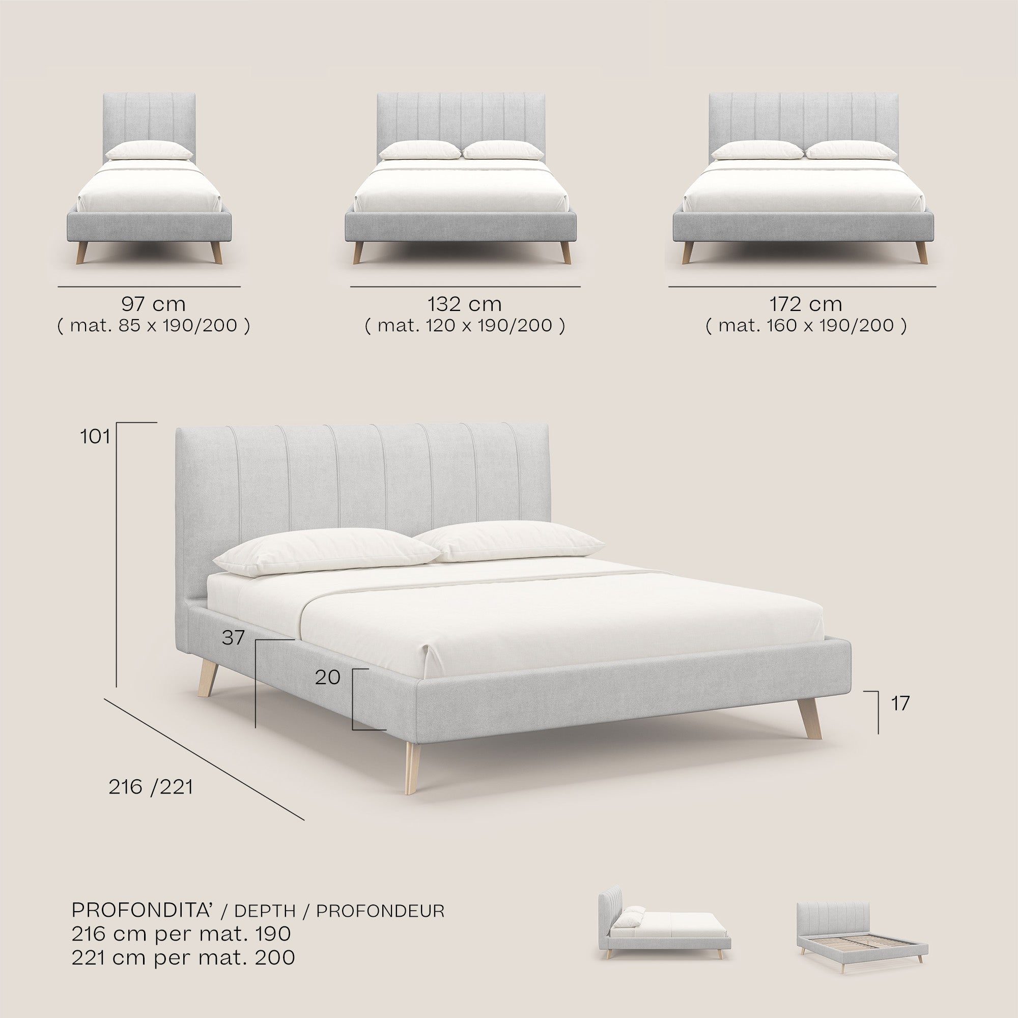 Selene letto imbottito con piedini naturali sfoderabile in tessuto impermeabile T02 azzurro - divani.store