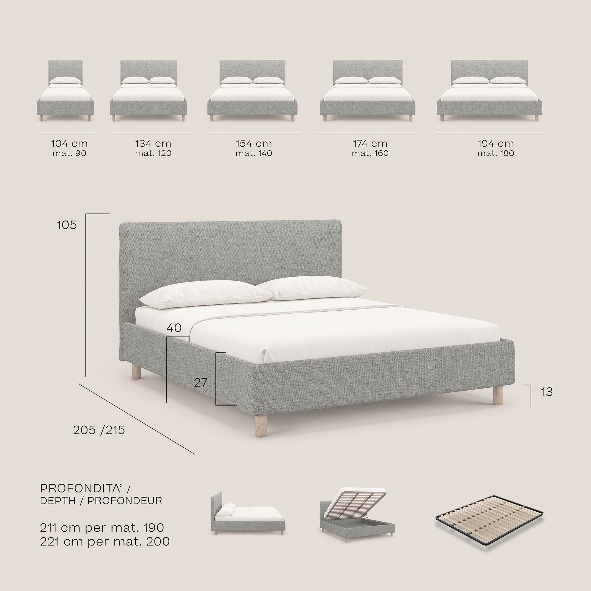 Serena letto contenitore salvaspazio scandinavo in tessuto fiammato impermeabile T03 antracite - divani.store