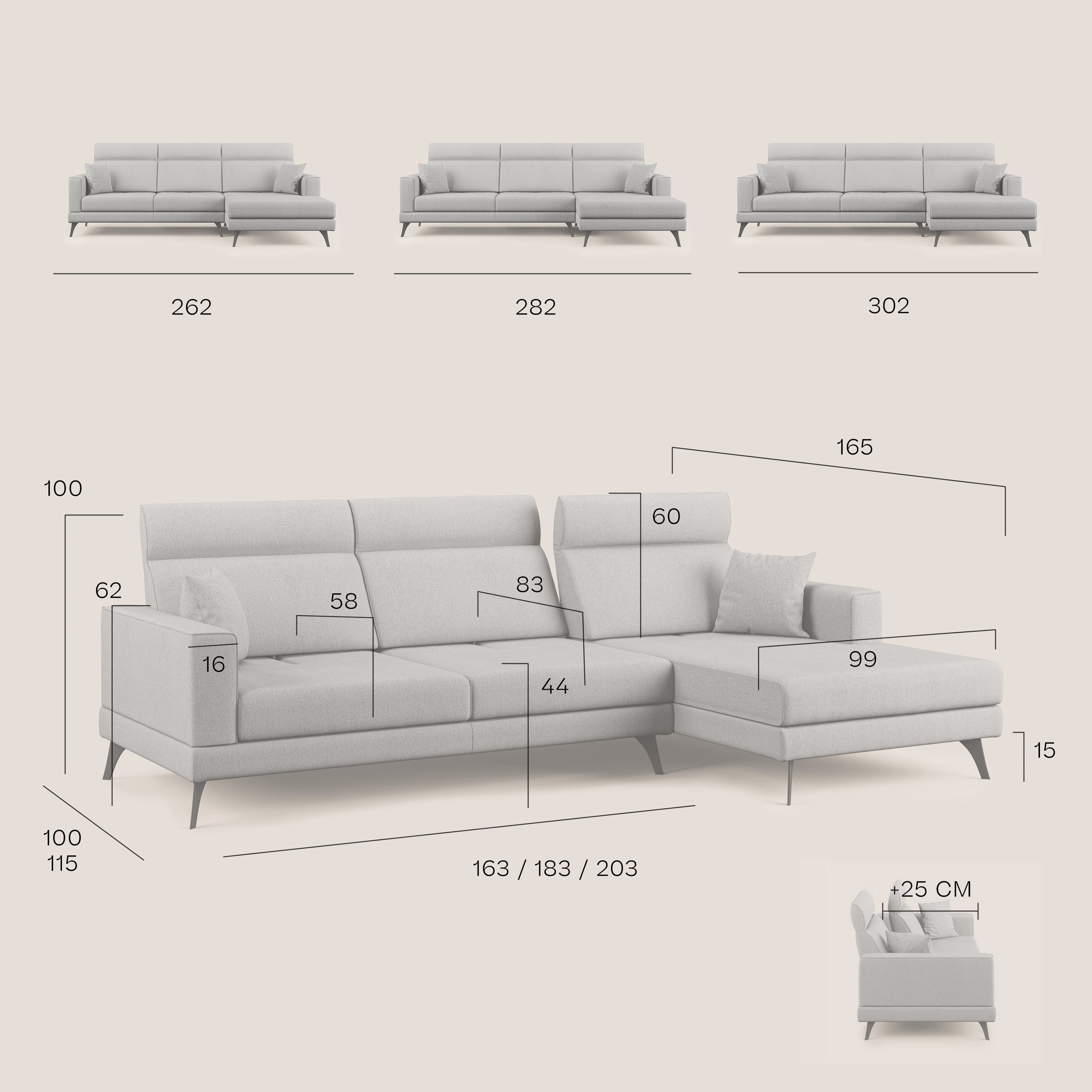 Slide Divano angolare con schienali traslanti e poggiatesta regolabili in tessuto smacchiabile T05 panna - divani.store
