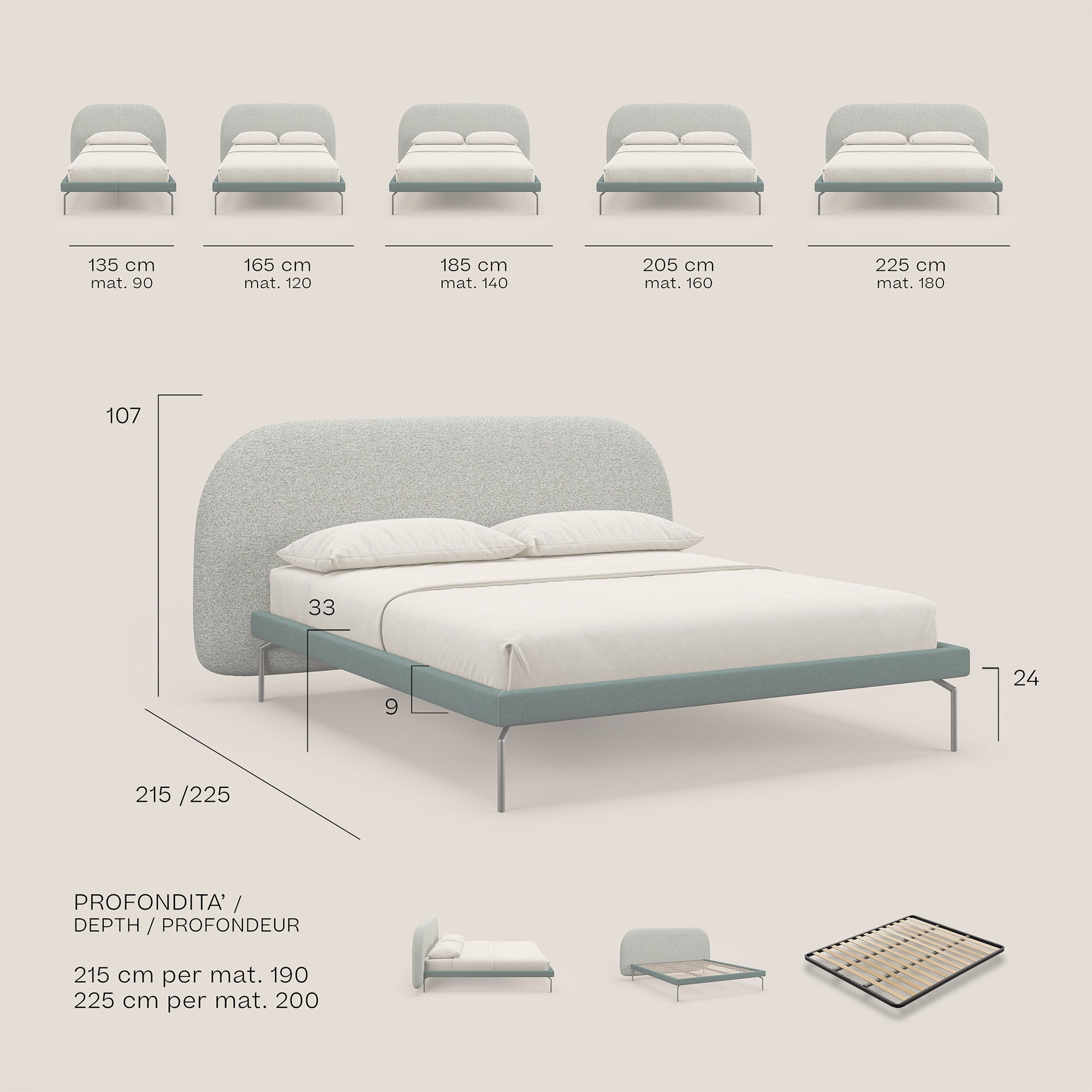 Soleil letto imbottito di design con piedi alti in metallo in bouclet smacchiabile T12 verde - divani.store