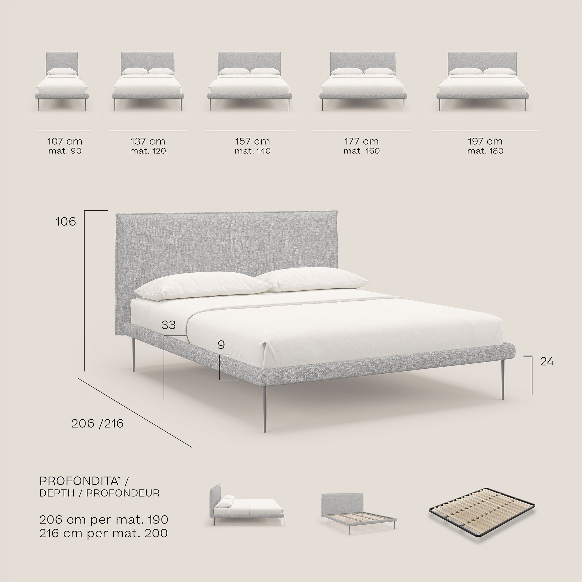 Theo letto imbottito moderno sfoderabile con piedi alti in metallo in tessuto impermeabile T10 panna - divani.store