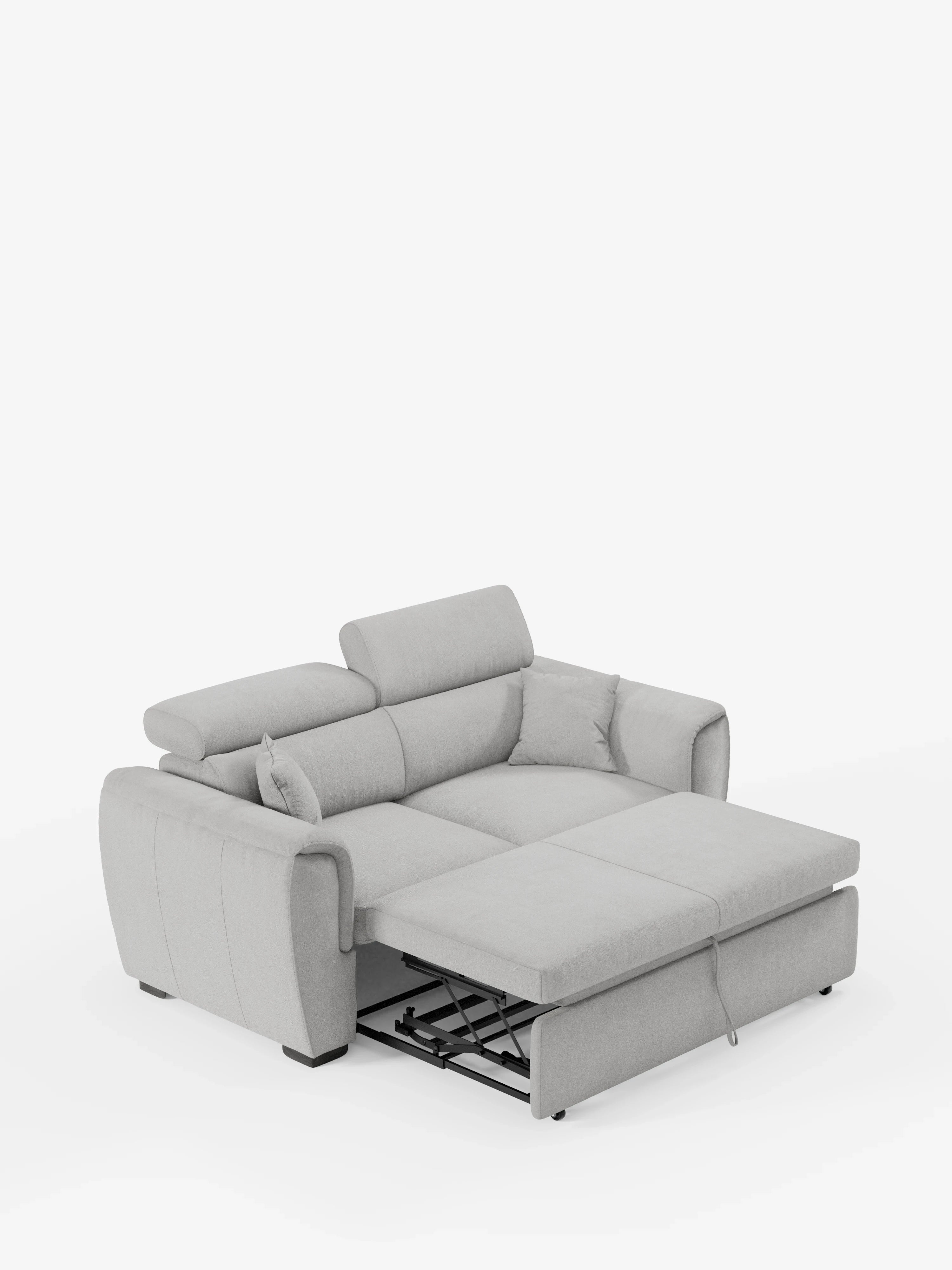 Il divano a 2 posti estraibile Titano con poggiatesta reclinabili in tessuto smacchiabile Oeko-Tex® di Divani.Store è un divano componibile rivestito in grigio chiaro dotato di poggiatesta regolabili, due cuscini e un meccanismo letto estraibile parzialmente estensibile; questo divano versatile offre comfort moderno e funzionalità flessibile per spazi ridotti. Immagine raffigurata su sfondo bianco a tinta unita.