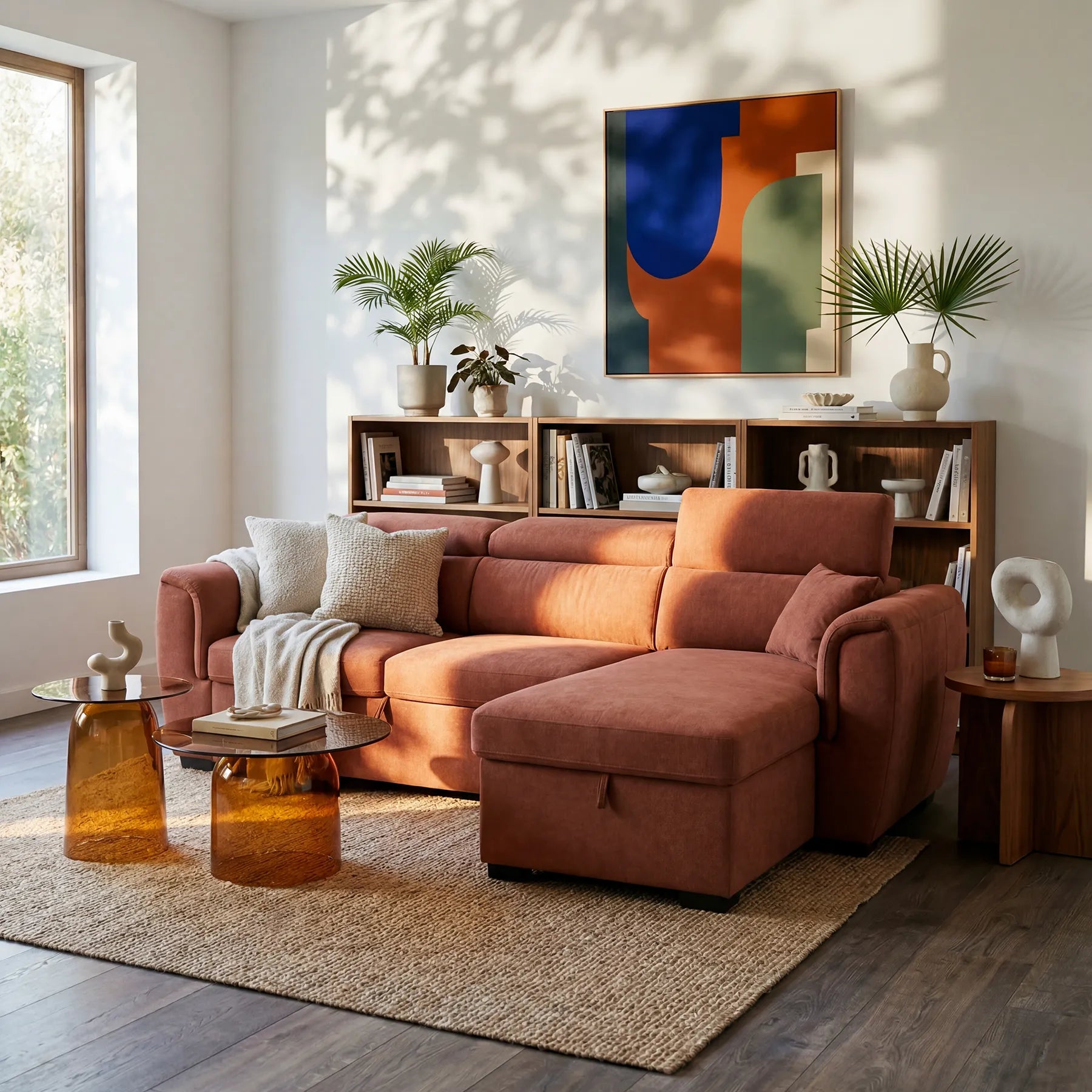 Un soggiorno moderno con il divano letto Titano con penisola reversibile di Divani.Store (tessuto antimacchia), un plaid beige, cuscini, un tappeto intrecciato, tavolini in vetro ambrato, opere d’arte astratta, libri, piante e la luce del sole che entra da un’ampia finestra, a creare un’atmosfera accogliente.