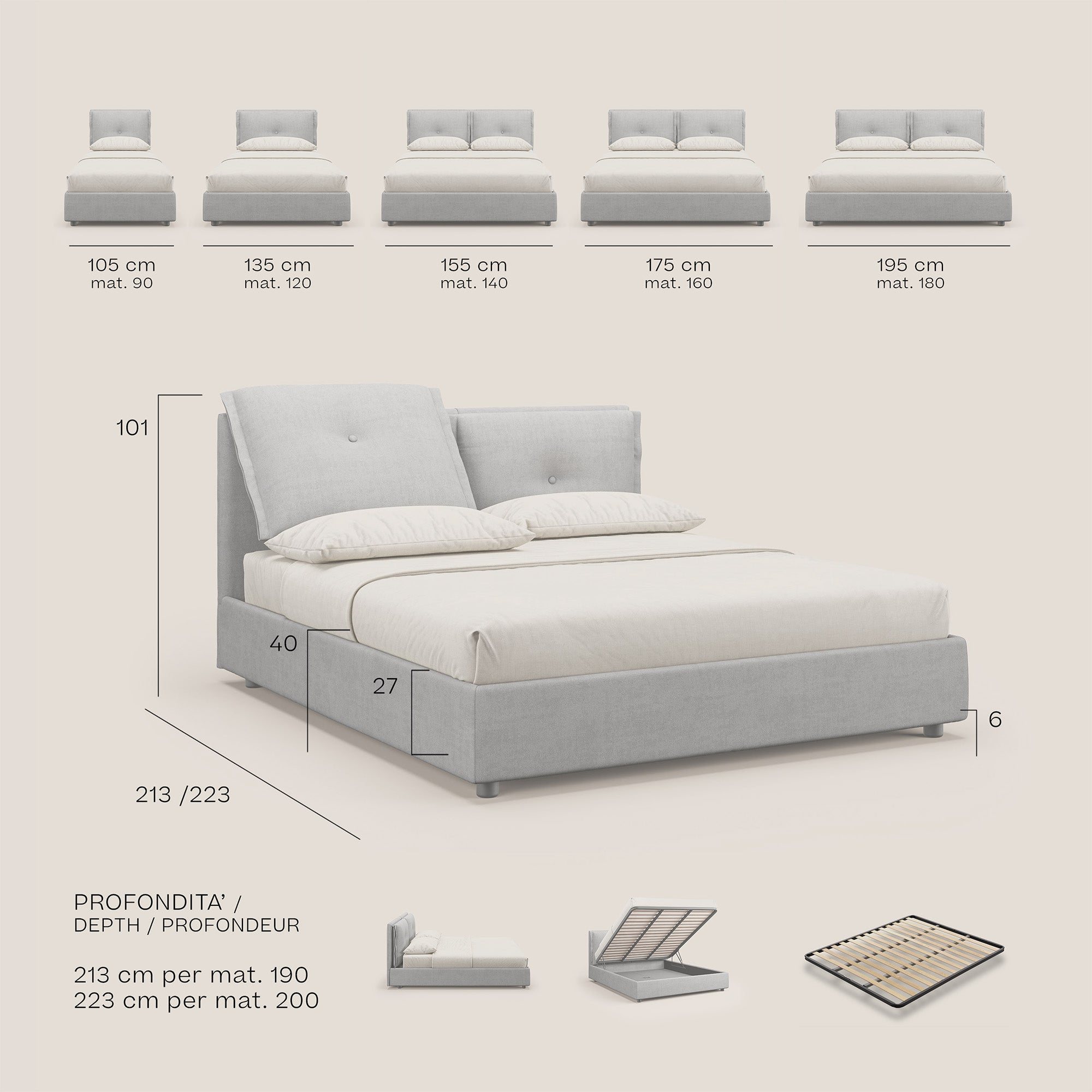 Travis letto contenitore con cuscini mobili trapuntati in tessuto impermeabile T02 beige - divani.store