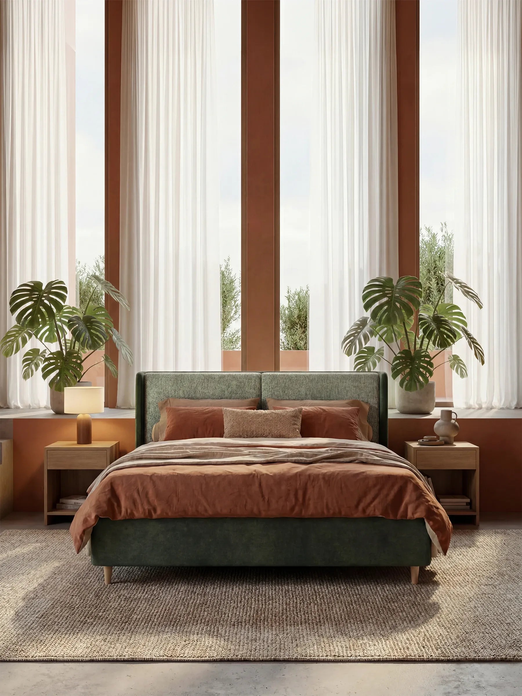 Camera da letto in stile minimalista con vetrate a tutta altezza, tende bianche trasparenti e un letto imbottito bicolore VALKIRIA di Letti.store, abbinato a biancheria da letto color ruggine. I comodini in legno ospitano delle piante; un tappeto dai toni neutri ricopre il pavimento in cemento.