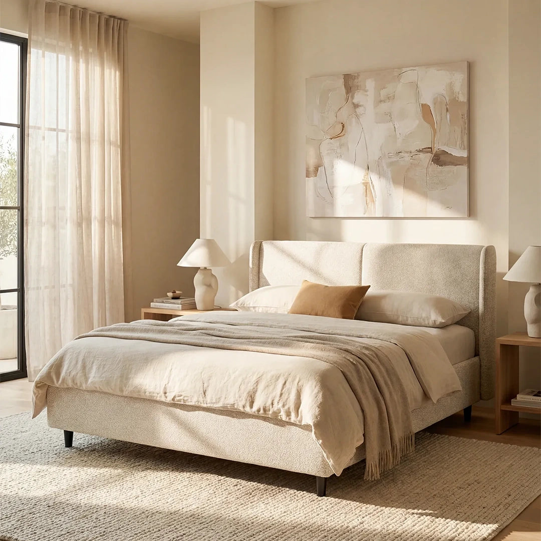 Una camera da letto moderna con il letto di design VALKIRIA di Letti.store, dotato di 2 cuscini imbottiti certificati Oeko-Tex® e di una base contenitore. La biancheria da letto beige, un cuscino color cuoio, i comodini abbinati con lampade bianche e un quadro astratto appeso alla parete completano il look. La luce del sole inonda la stanza.