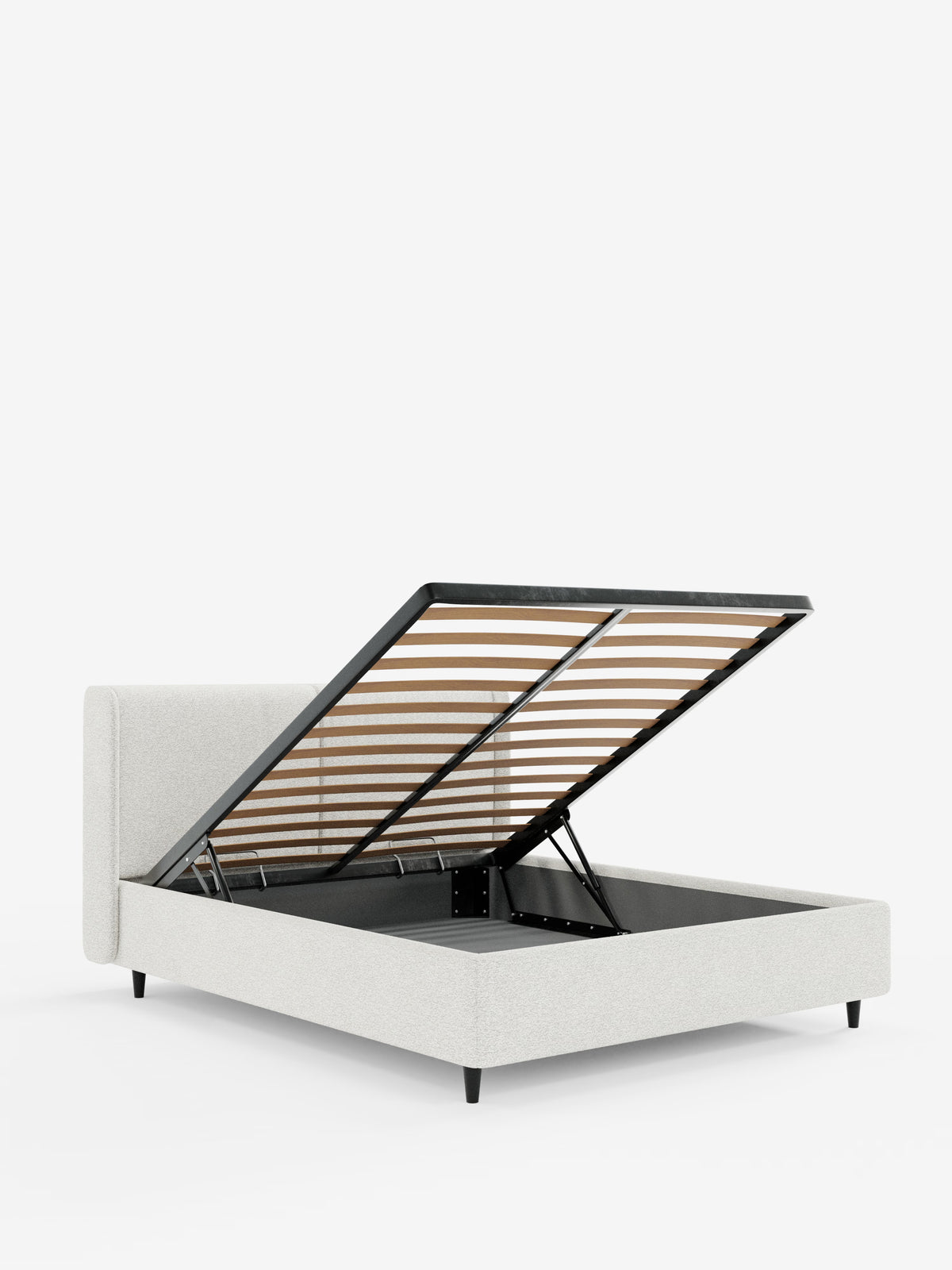 Vi presentiamo il letto di design VALKIRIA con contenitore e testiera avvolgente di Letti.store: un letto contemporaneo caratterizzato da una struttura in tessuto grigio chiaro certificato Oeko-Tex®, due morbidi cuscini imbottiti ed eleganti gambe nere. Questo moderno letto contenitore vanta una base a doghe sollevabile che rivela un ampio spazio contenitivo al di sotto, mentre la testiera minimalista e il design raffinato risaltano magnificamente su uno sfondo bianco a tinta unita.