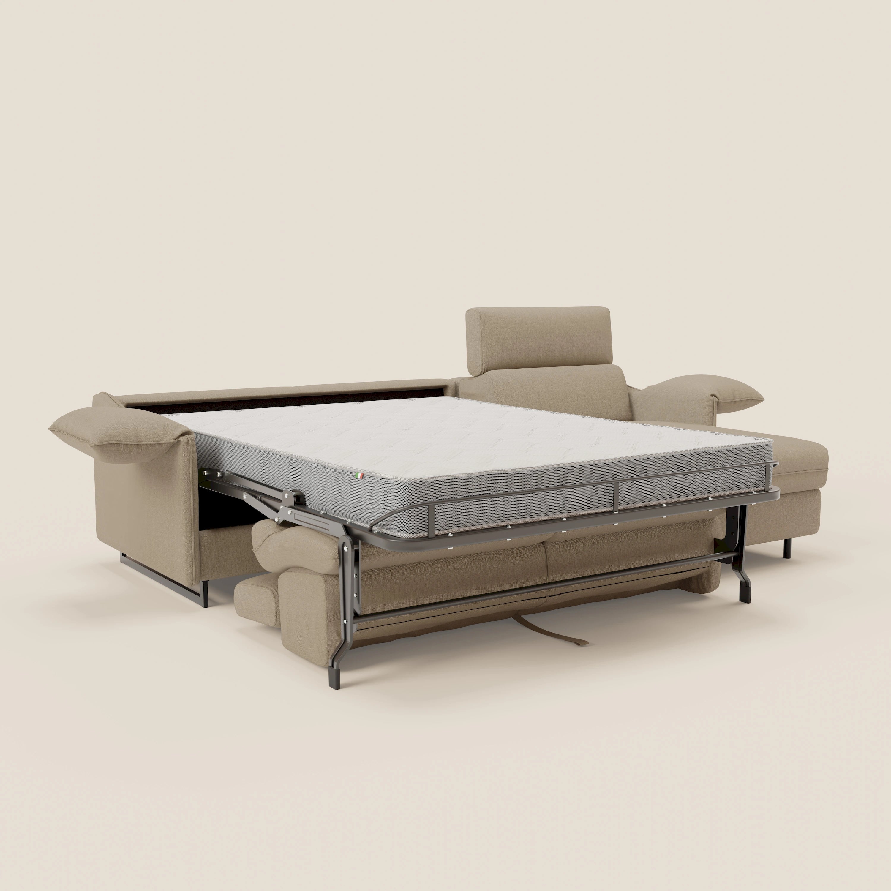 Violetta Divano Letto Angolare con Penisola contenitore, Poggiatesta e Materasso Alto H18 in tessuto impermeabile T13 - divani.store