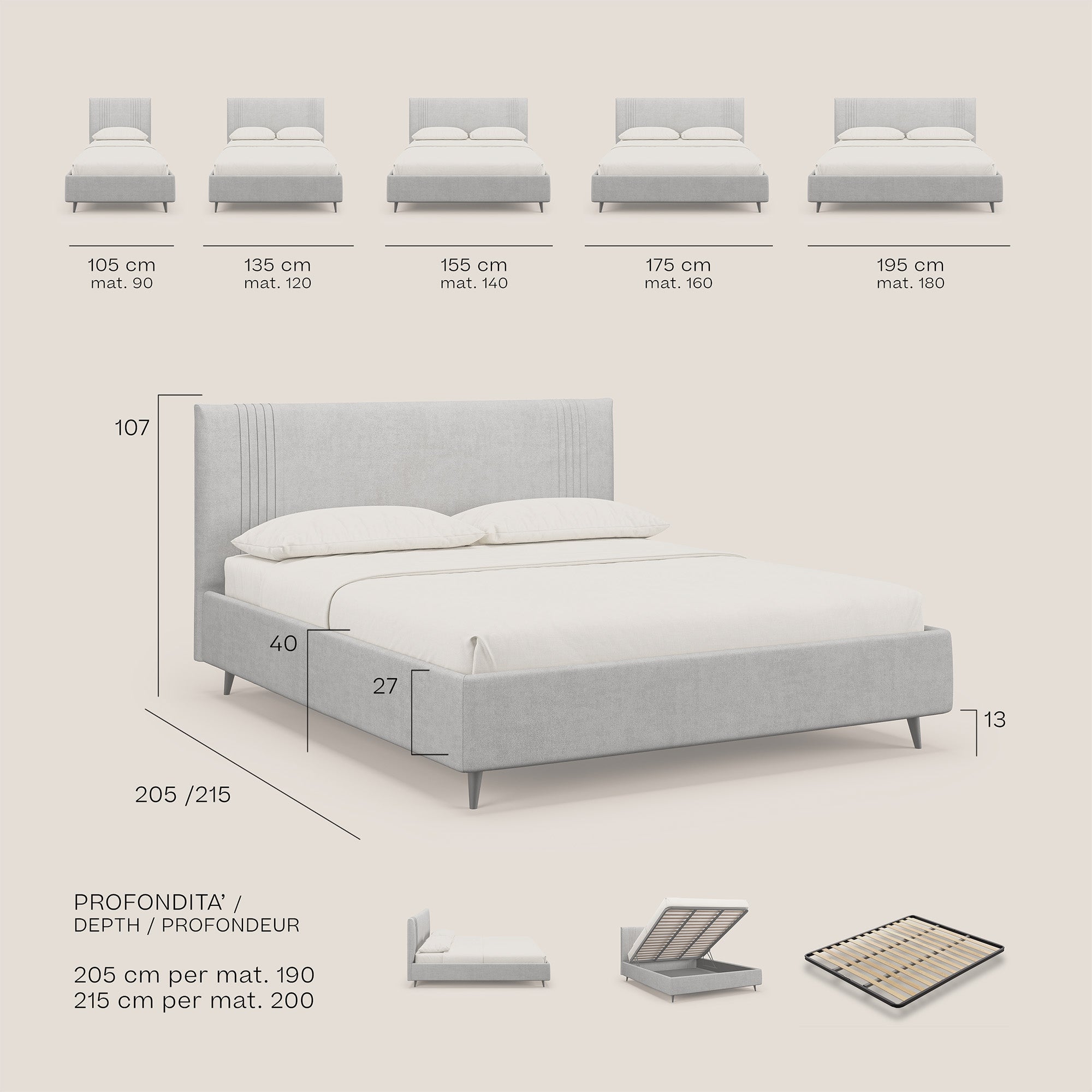 Yvonne letto contenitore in morbido tessuto impermeabile T02 grigio - divani.store