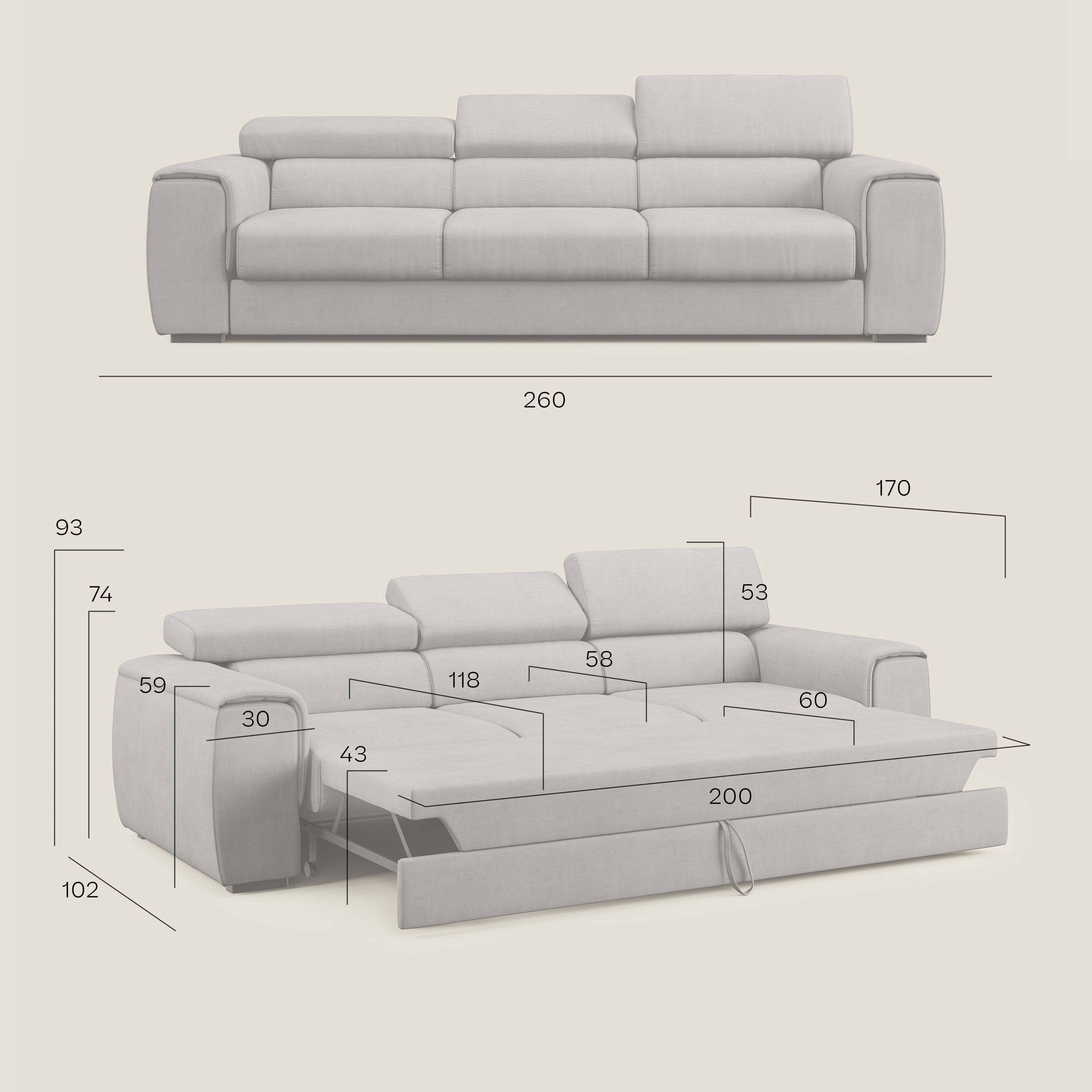 Zeno Divano con pouf estraibile poggiapiedi a 3 sedute in tessuto morbido impermeabile T02 grigio chiaro - divani.store