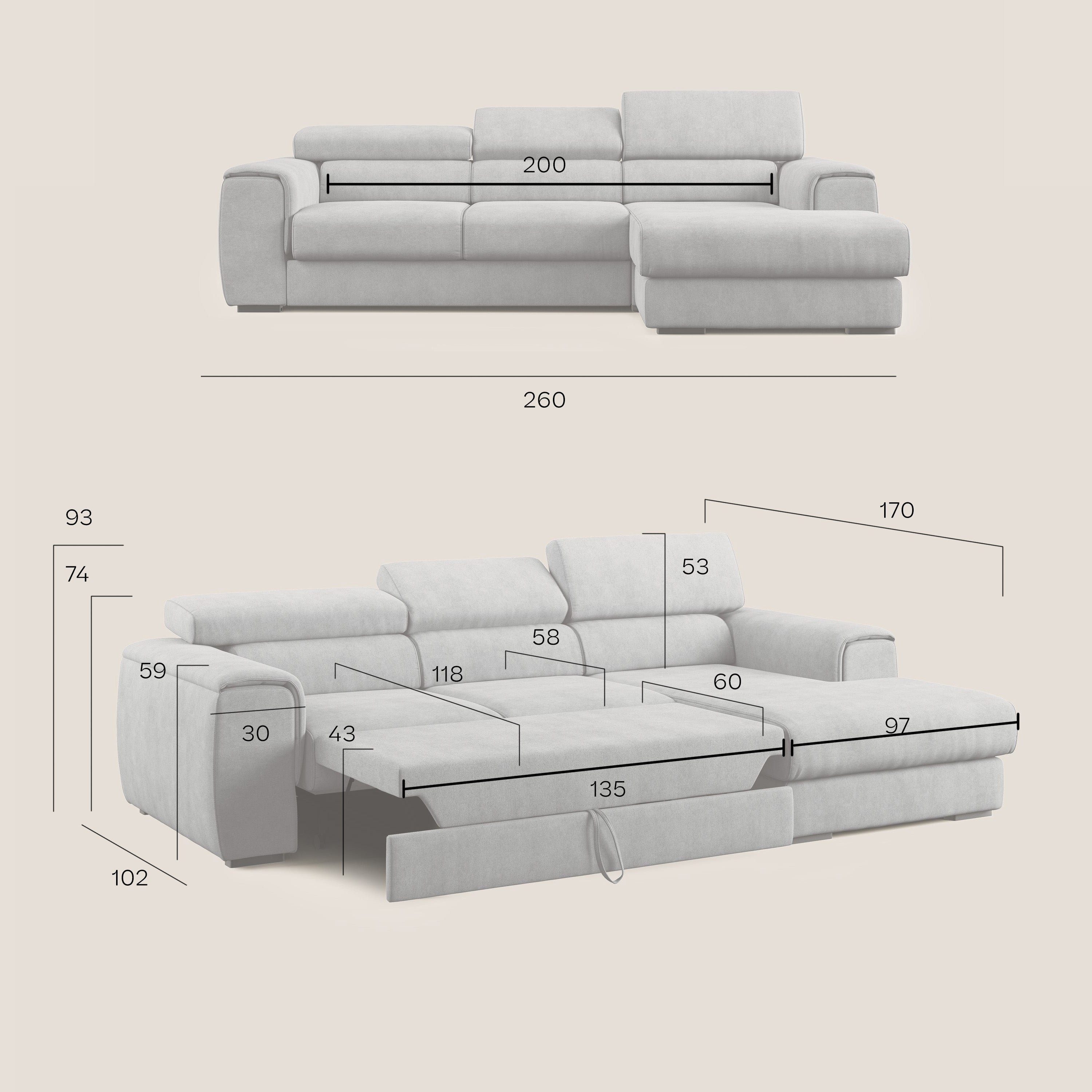 Zeno Divano angolare con pouf estraibile poggiapiedi in tessuto morbido impermeabile T02 marrone - divani.store