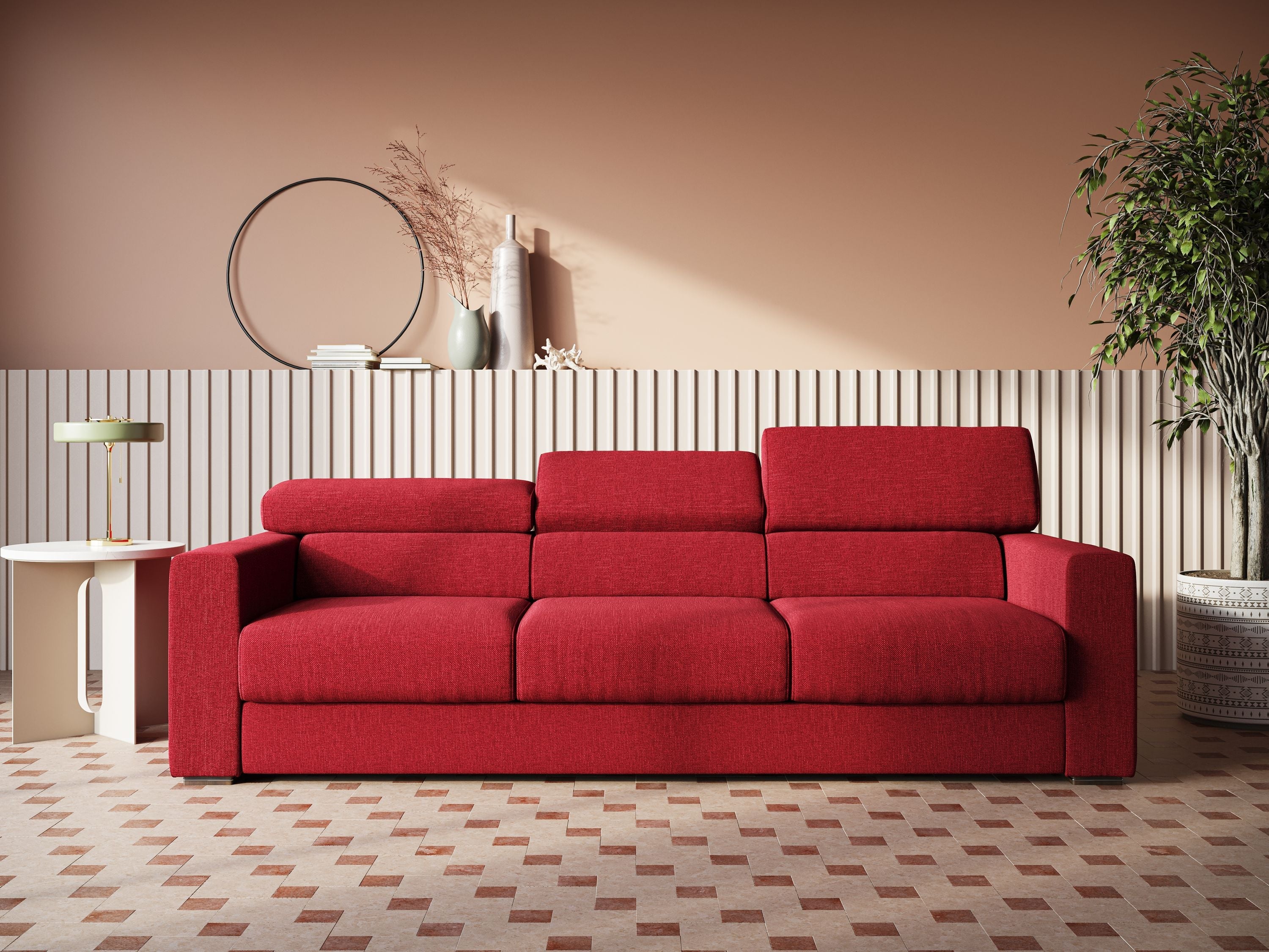 Dylan divano a 3 sedute con pouf estraibile poggiapiedi in tessuto simil cotone impermeabile T13 rosso - divani.store