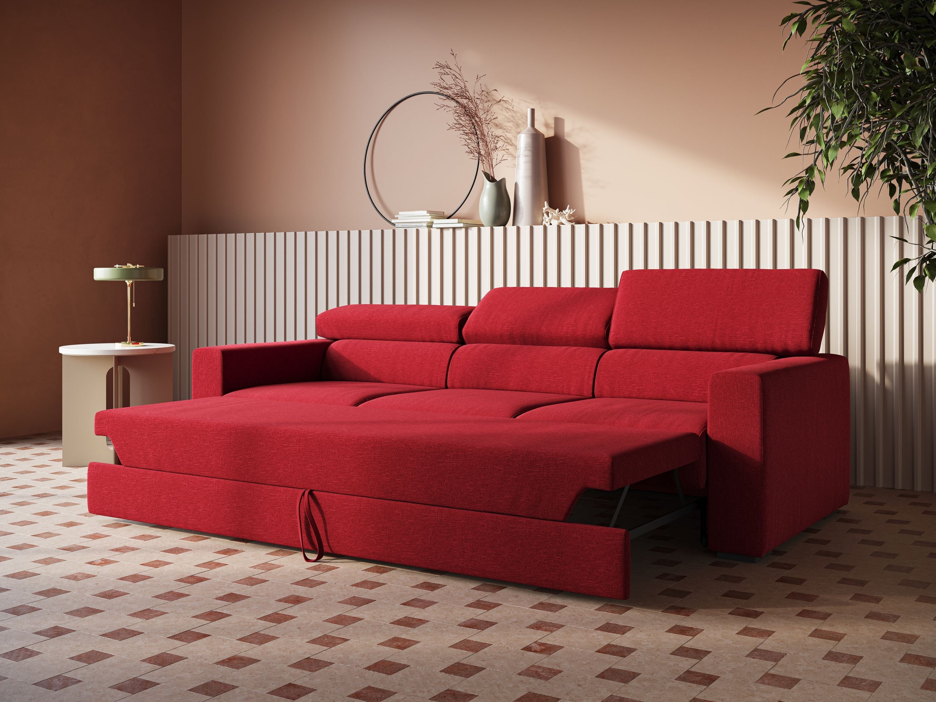 Dylan divano a 3 sedute con pouf estraibile poggiapiedi in tessuto simil cotone impermeabile T13 rosso - divani.store