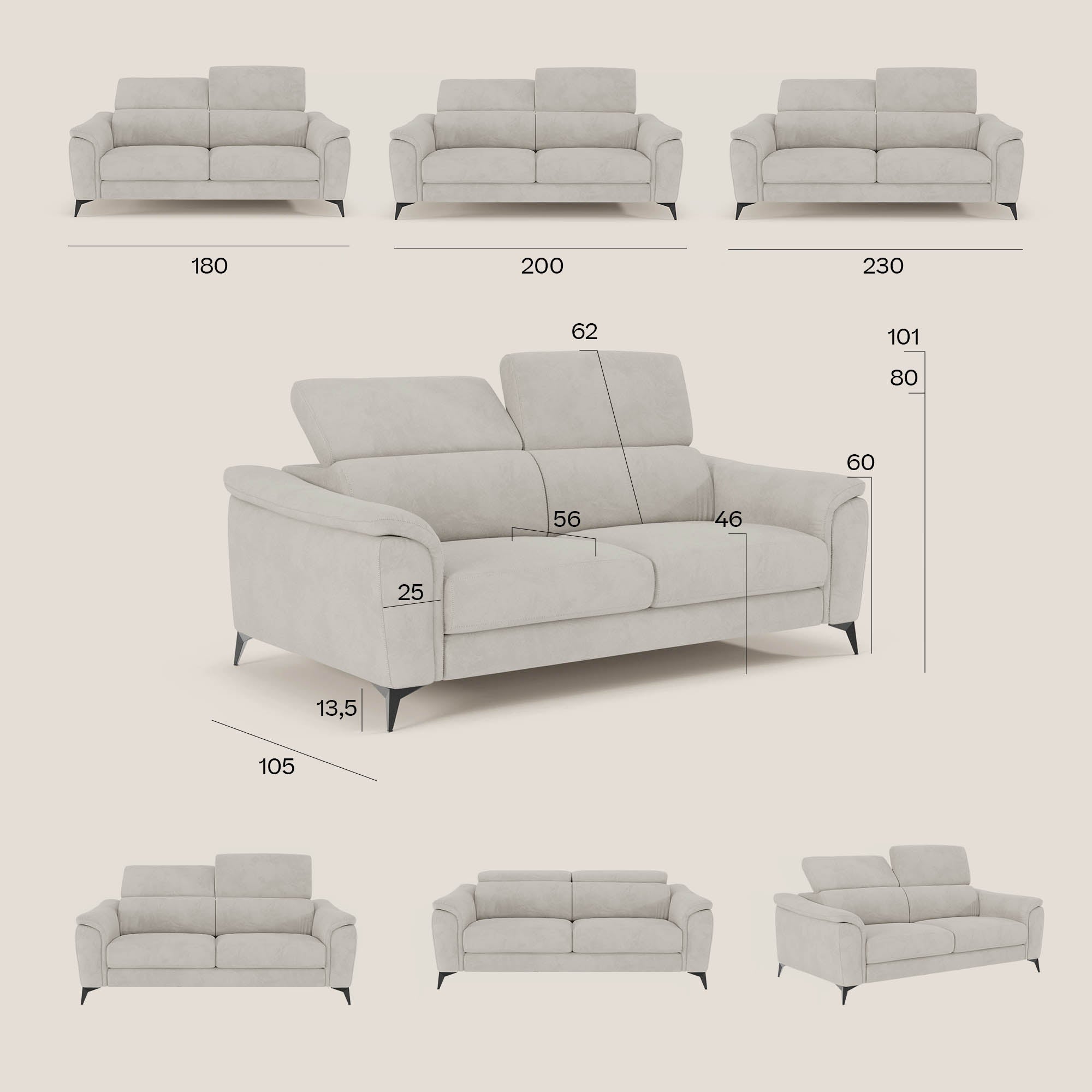 Arcos Canapé 3 places - pieds hauts et têtières inclinables en microfibre imperméable T11 jaune