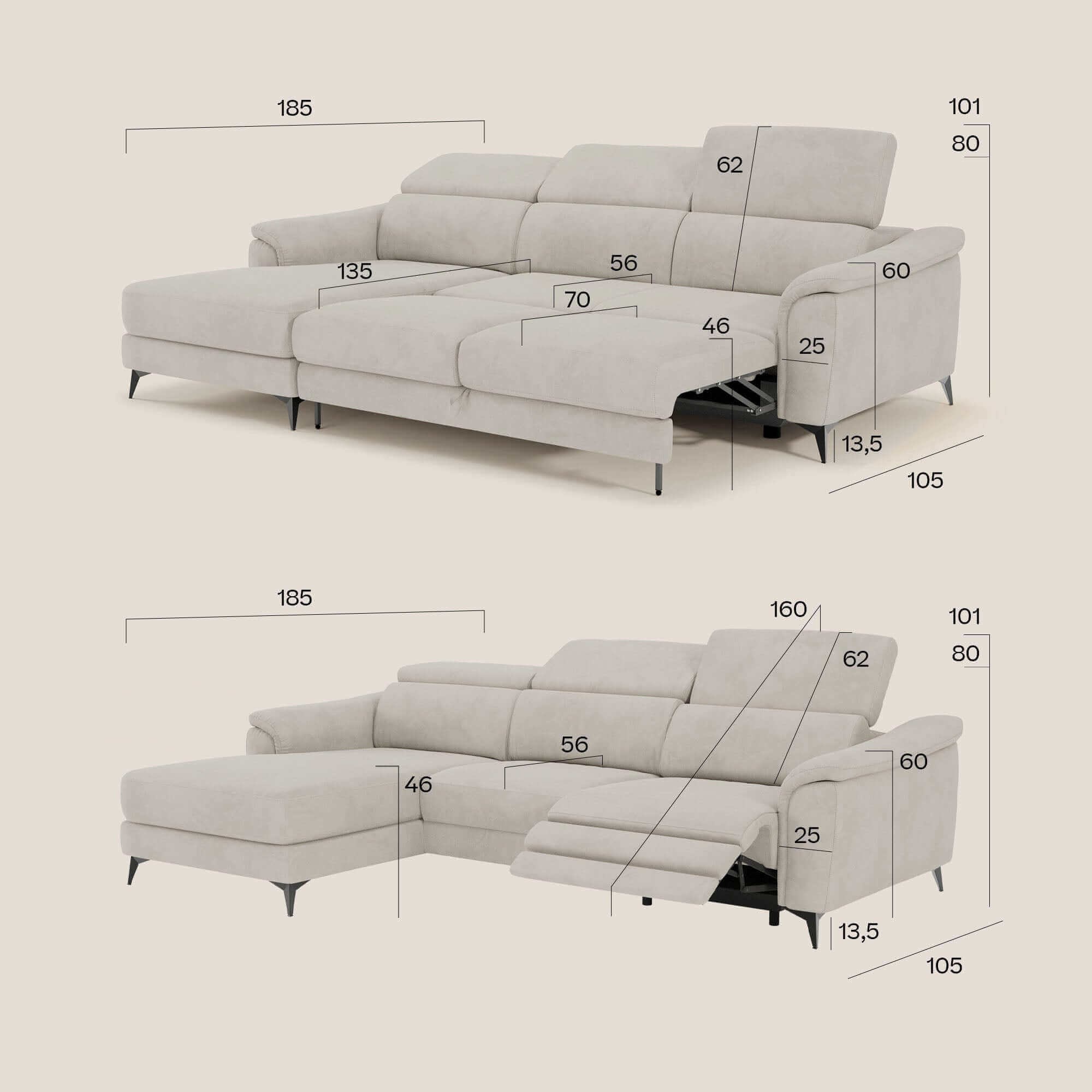 Arcos Canapé avec méridienne - pieds hauts et têtières inclinables en microfibre imperméable T11 crème