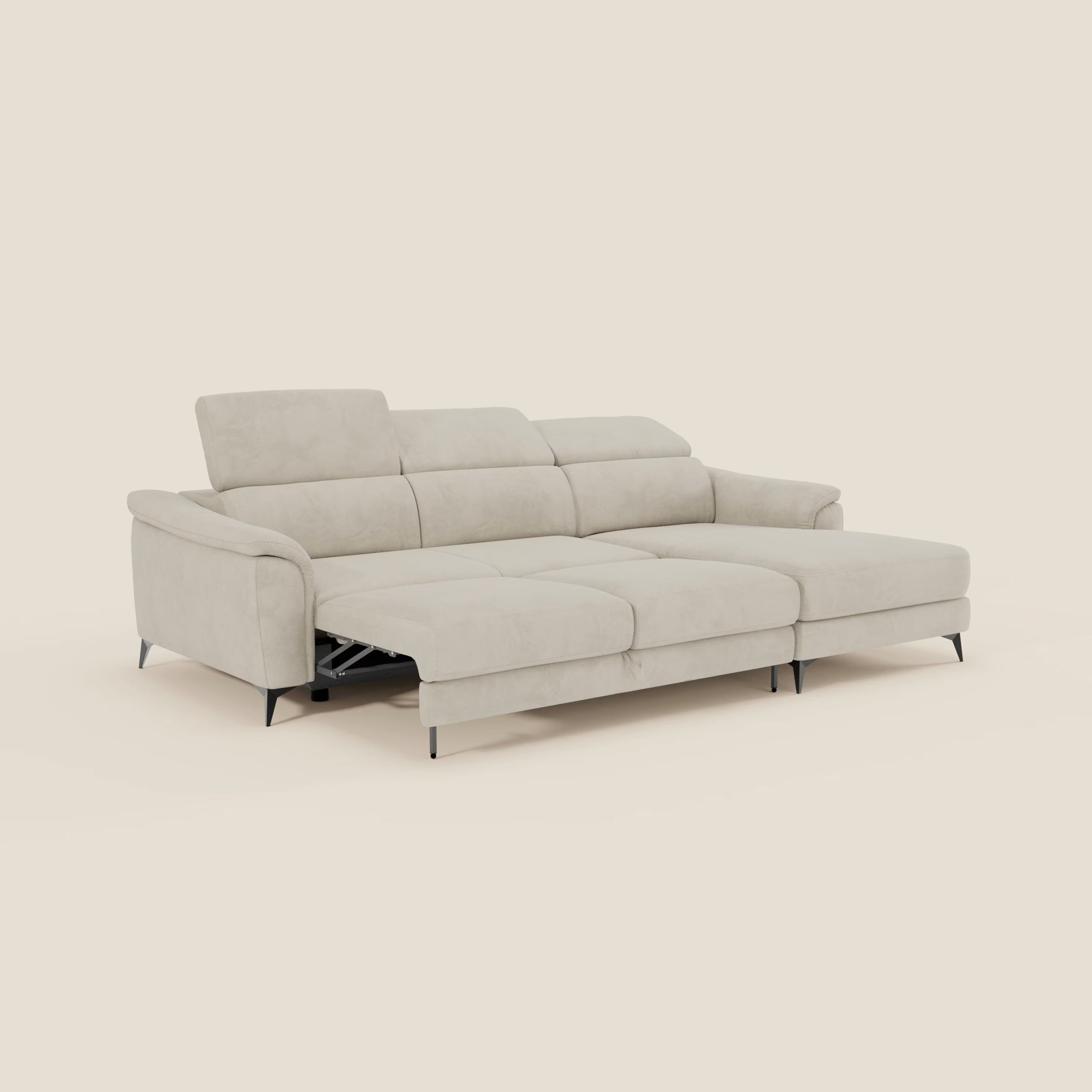 Arcos Canapé avec méridienne - pieds hauts et têtières inclinables en microfibre imperméable T11 crème