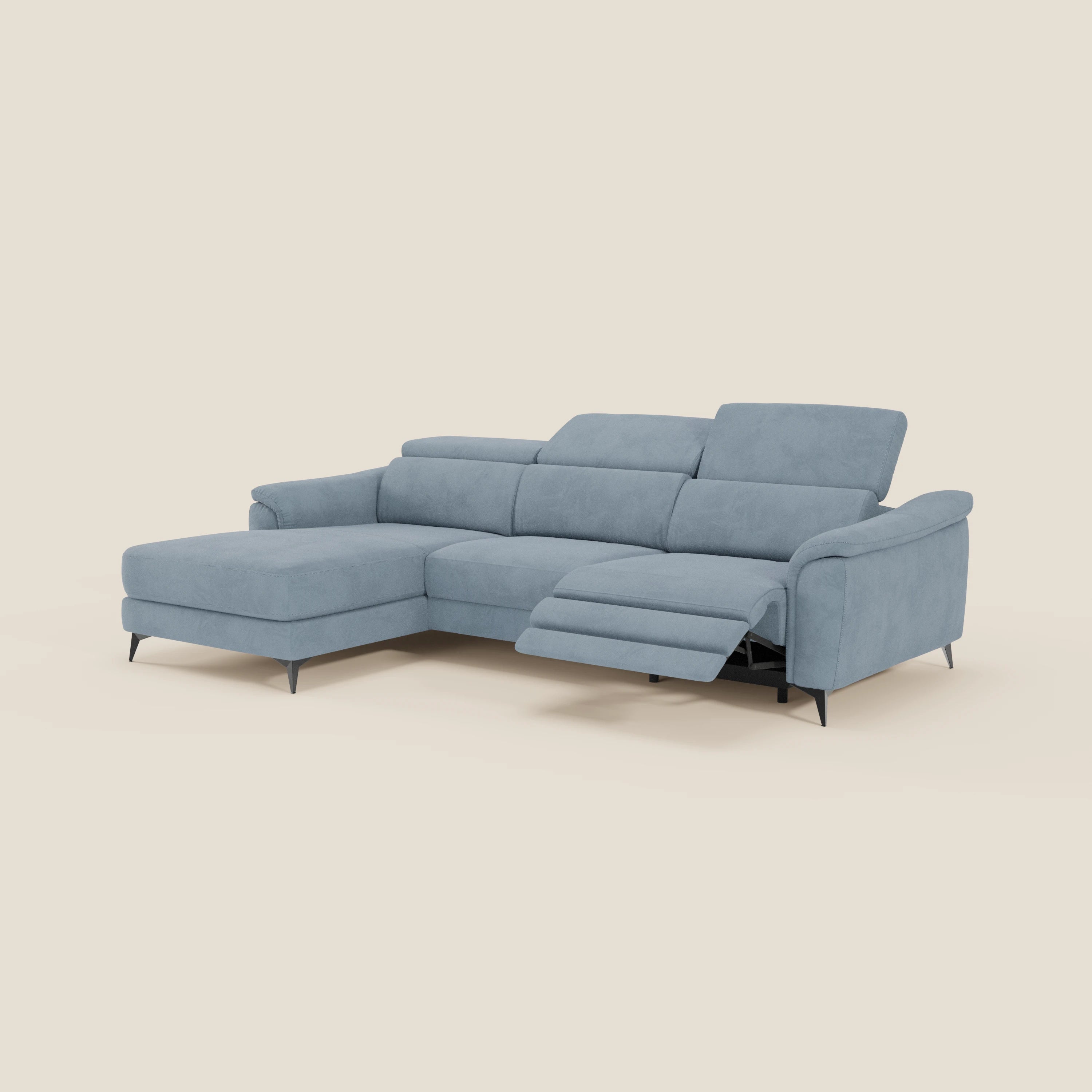 Arcos Canapé avec méridienne - pieds hauts et têtières inclinables en microfibre imperméable T11 bleu pastel