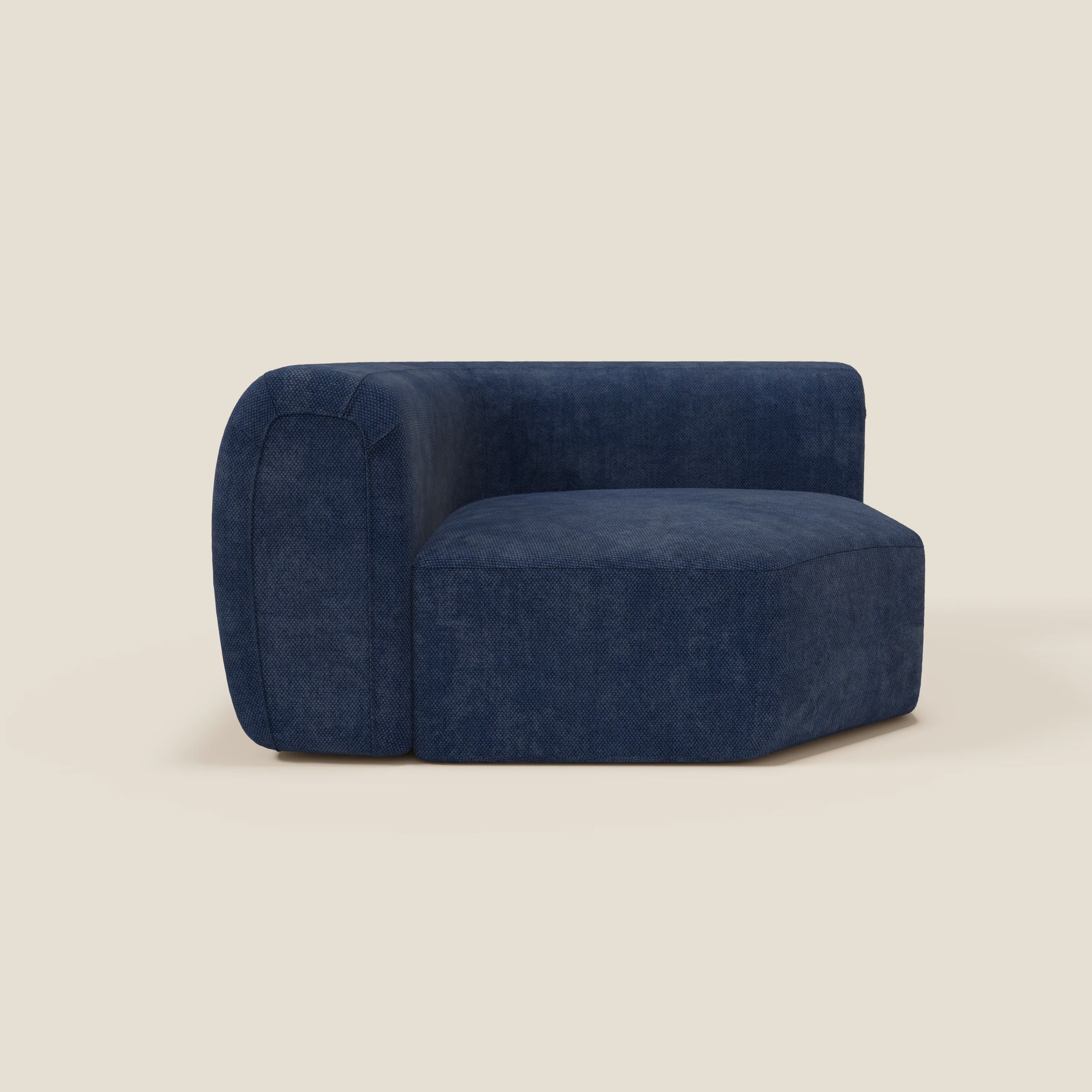 Il BonBon Modulo angolare - Divano componibile GF edition in blu navy di Divani.Store è un divano-seduta moderno senza braccioli con imbottitura in tessuto, schienale basso e bordi arrotondati per un look elegante e squadrato.