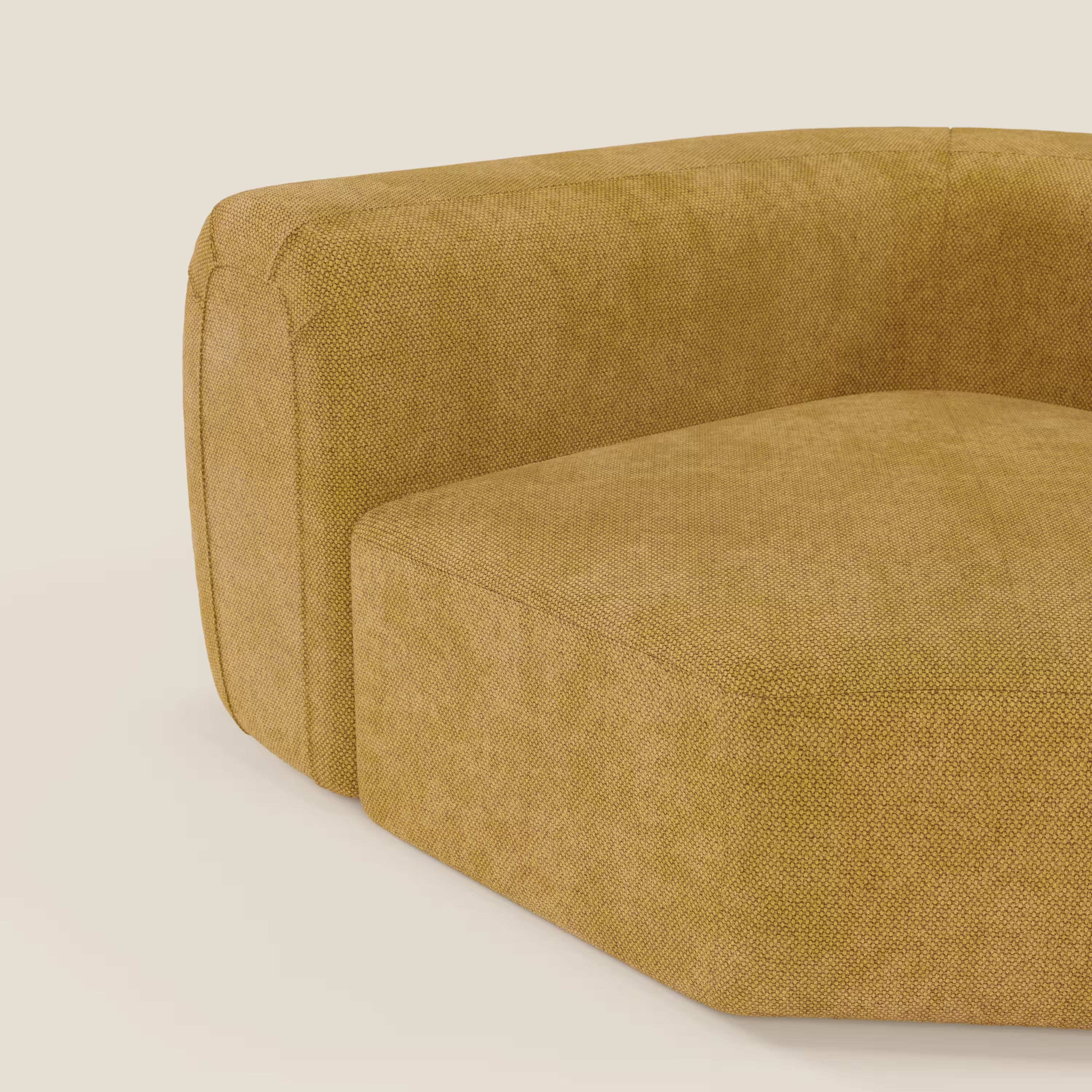 Un primo piano del BonBon Modulo angolare - Divano componibile GF edition giallo di Divani.Store mostra le sue linee pulite e il tessuto giallo senape, ideale per interni eleganti o in stile Grande Fratello 2025.