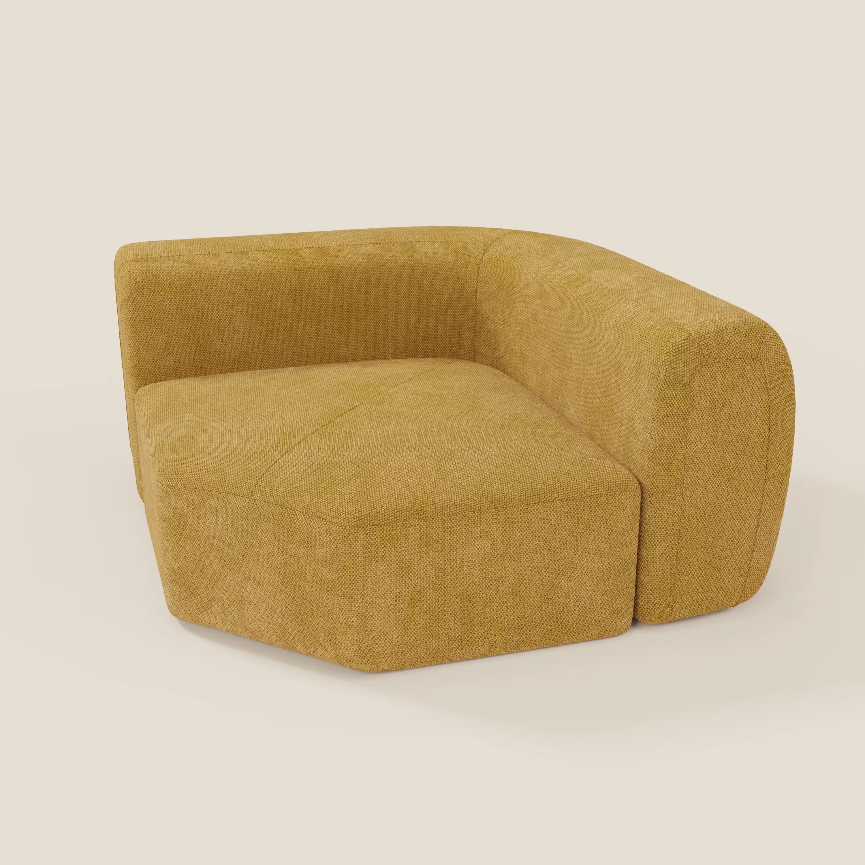 BonBon Modulo angolare - Divano componibile GF edition giallo di Divani.Store è una poltrona angolare moderna di colore giallo senape con imbottitura spessa, schienale e braccioli avvolgenti, che presenta linee geometriche su sfondo bianco sporco.
