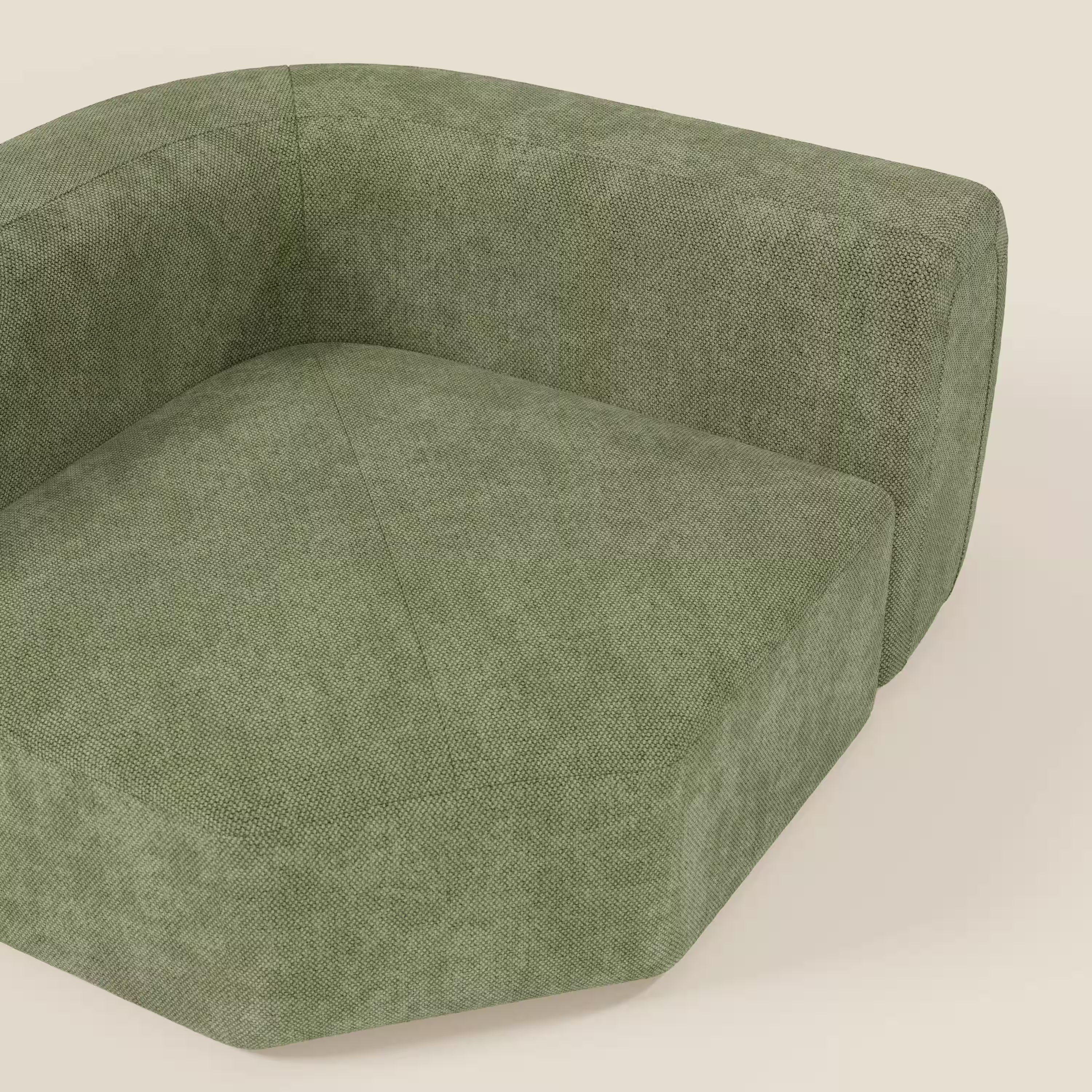 Primo piano del BonBon Modulo angolare - Divano componibile GF edition verde muschio di Divani.Store, caratterizzato da un design moderno imbottito in verde tenue, un'ampia seduta e uno spesso schienale arrotondato su uno sfondo beige chiaro.