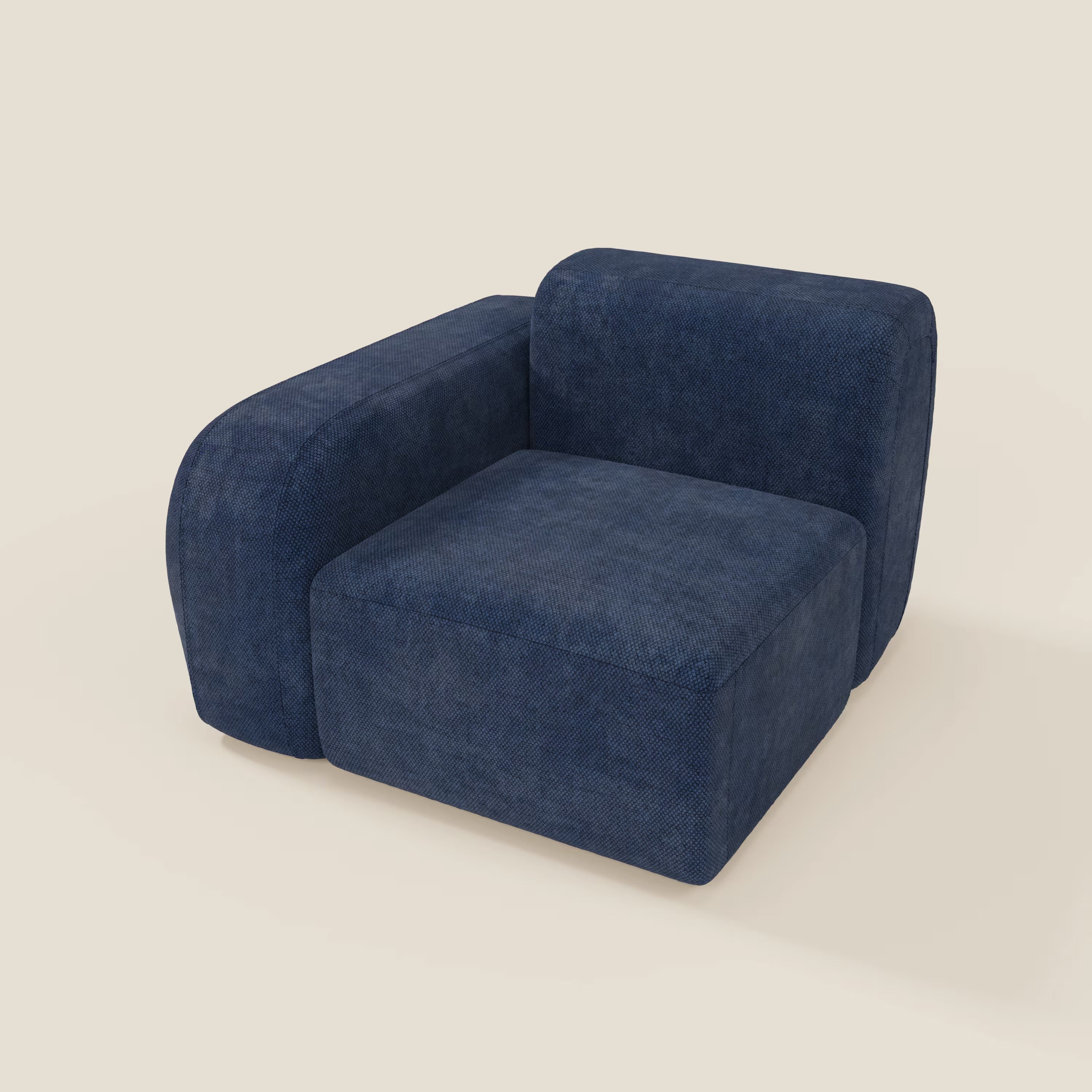 La poltrona BonBon modulo terminale 105 cm sinistro o destro - Grande Fratello edition blu navy di Divani.Store è una poltrona moderna dal profilo basso con cuscini spessi e arrotondati in tessuto blu deciso e dalla consistenza felpata, ispirata al design minimalista.