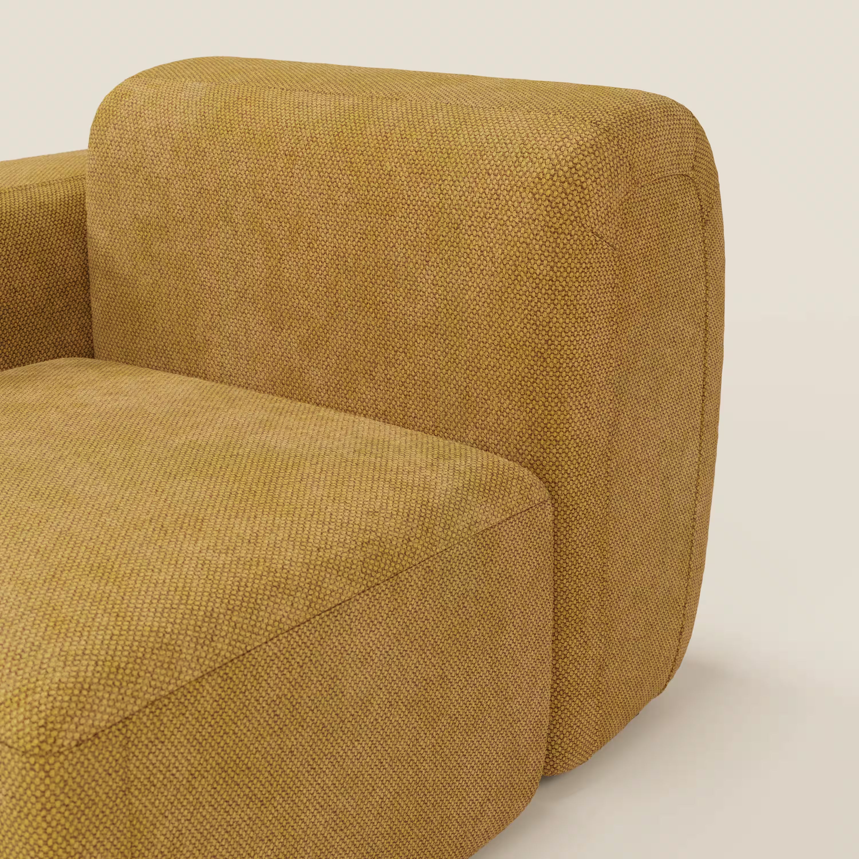 Primo piano del modulo terminale BonBon 105 cm sinistro o destro - Grande Fratello edition giallo di Divani.Store, che mostra il tessuto senape, i bordi arrotondati e l'artigianato italiano su uno sfondo semplice. Prodotto in Italia.