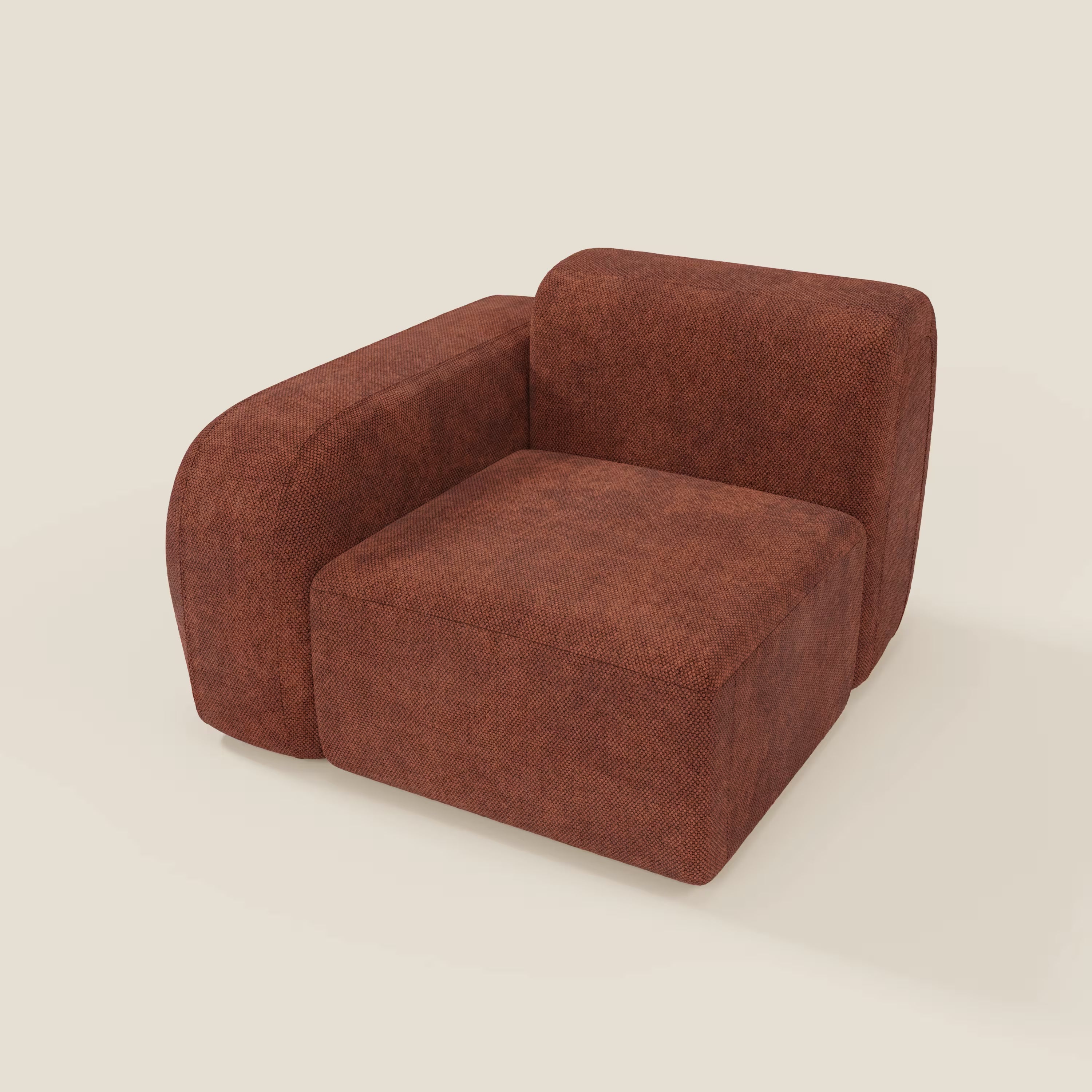 La poltrona BonBon modulo terminale 105 cm sinistro Grande Fratello edition ruggine di Divani.Store è una poltrona moderna con ampi cuscini e rivestimento marrone testurizzato, un grande bracciolo sinistro e un profilo basso senza gambe su uno sfondo crema chiaro.