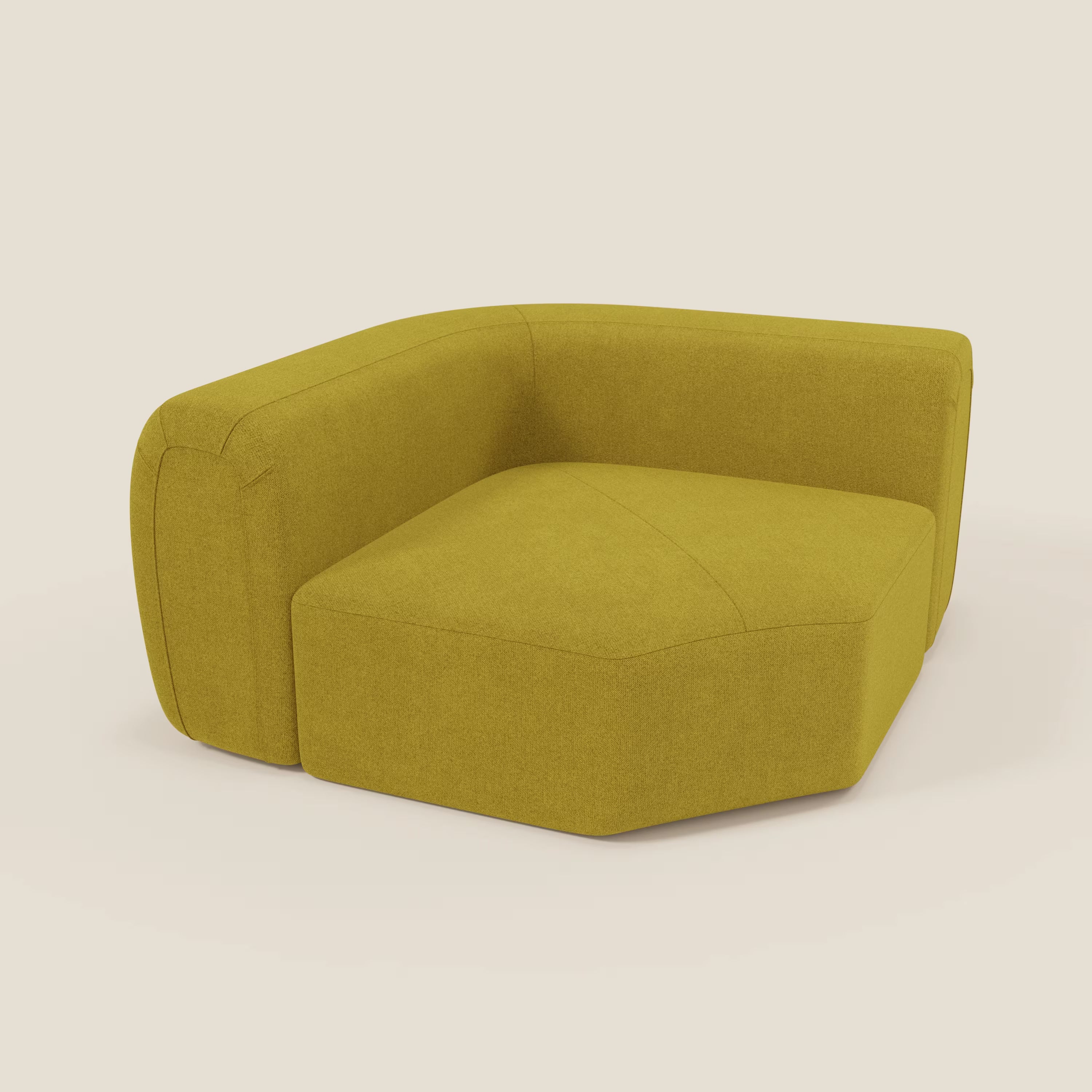 Bonbon Modulo angolare di Divani.Store è una sedia moderna e modulare in tessuto antimacchia T23 giallo, con cuscini spessi, linee pulite e bordi morbidi, su uno sfondo chiaro.