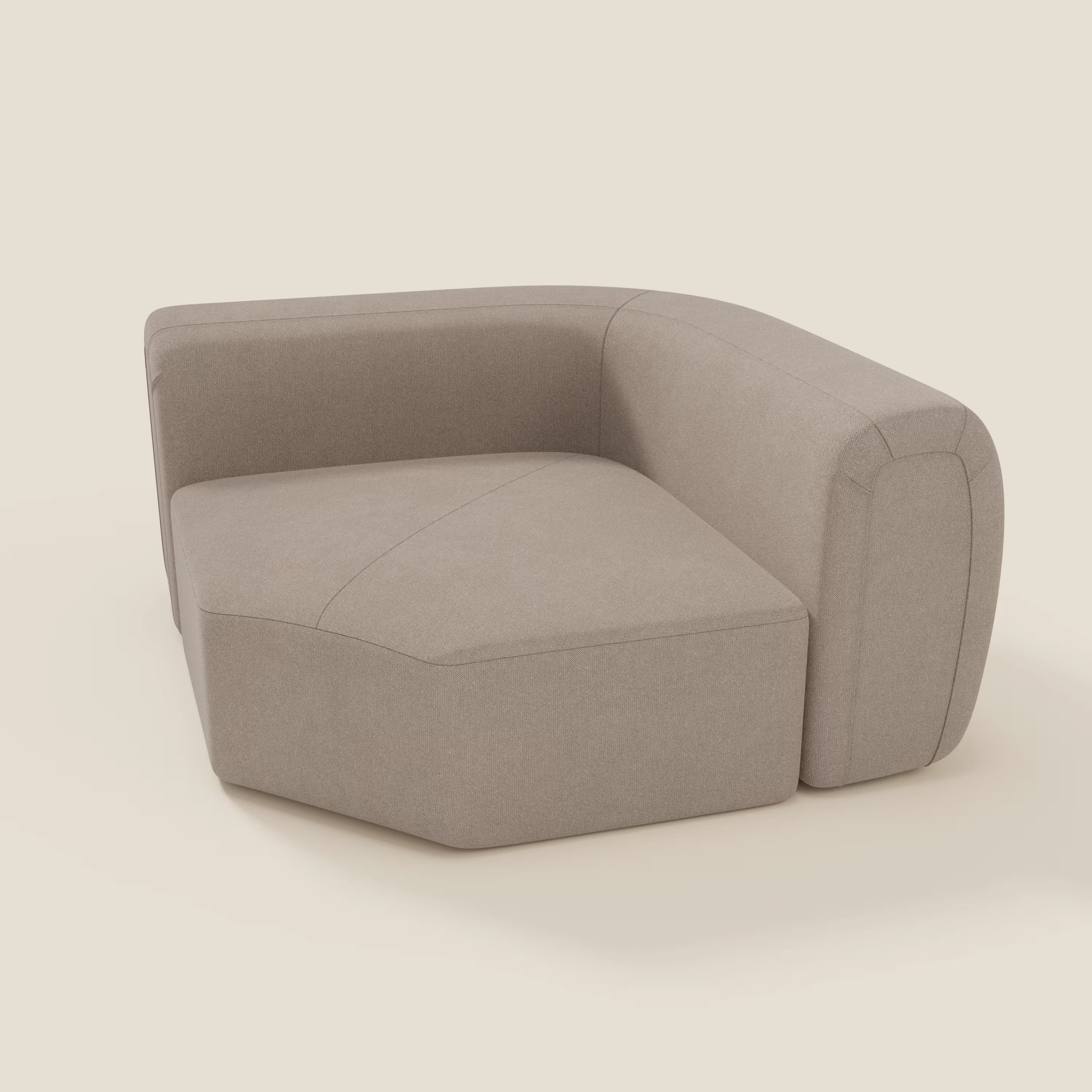 Bonbon Modulo angolare di Divani.Store è un divano modulare moderno e di basso profilo in tessuto tortora T23, facile da pulire. Le sue linee pulite e il suo design morbido offrono uno stile contemporaneo in una tonalità neutra, ideale per interni minimalisti.