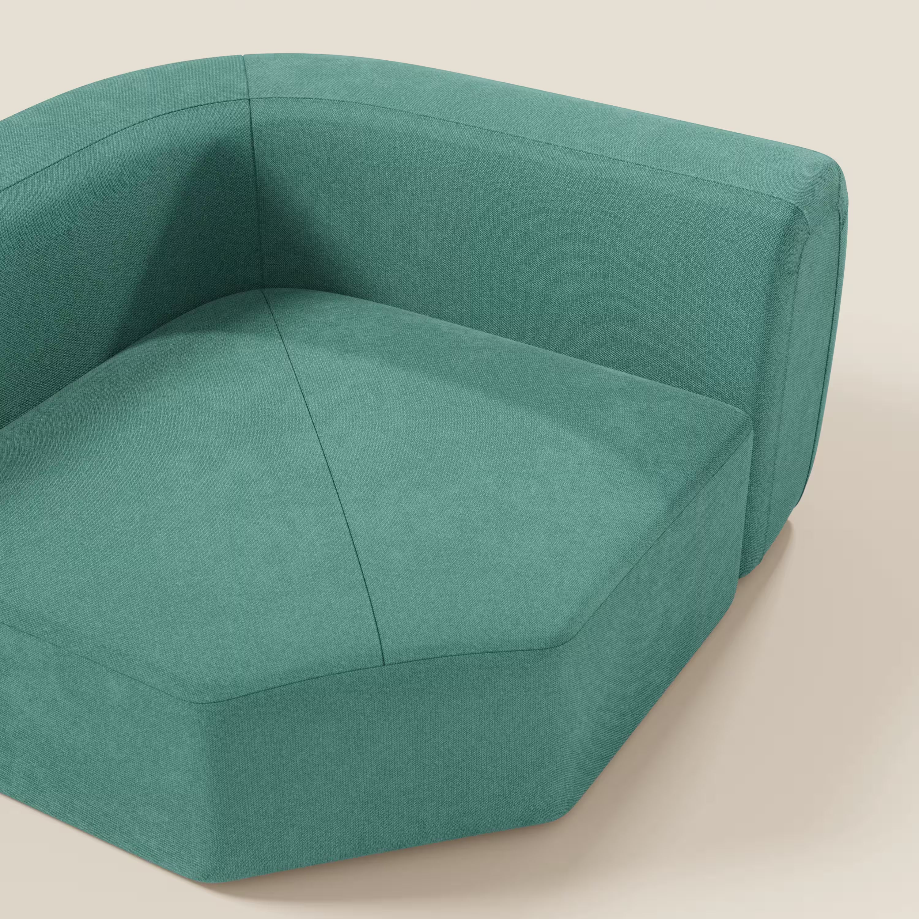 Primo piano di Bonbon Modulo angolare di Divani.Store, un moderno divano angolare componibile in tessuto T23 verde acqua smacchiabile, caratterizzato da linee pulite e da un disegno geometrico contemporaneo su uno sfondo beige chiaro.