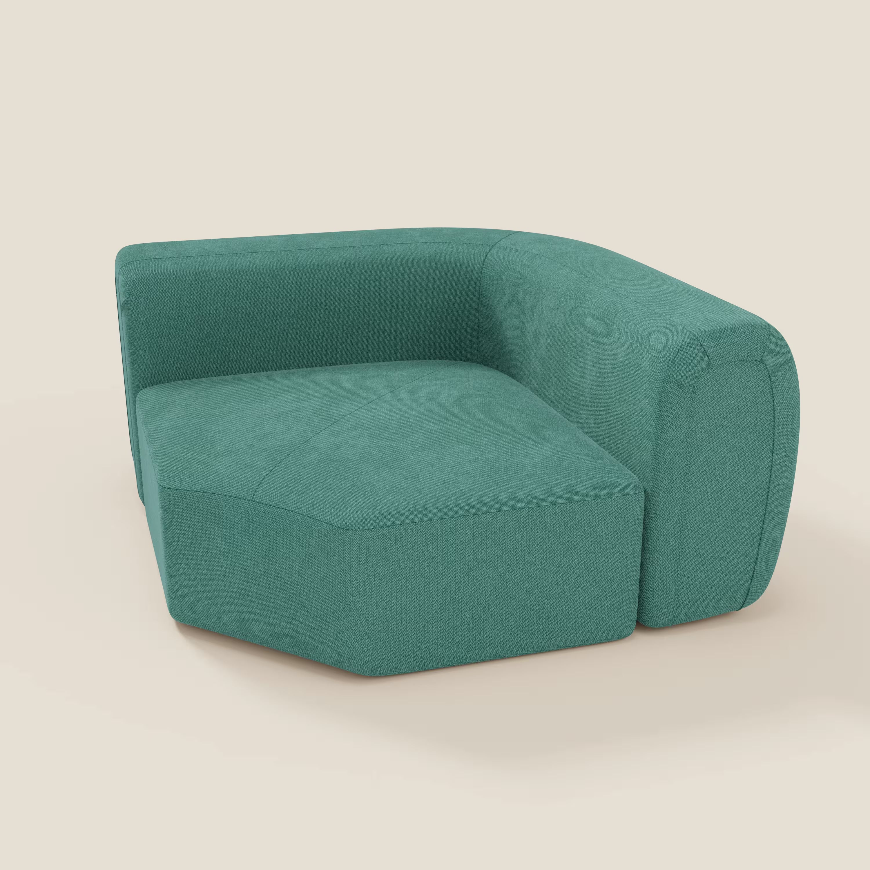 Bonbon Modulo angolare di Divani.Store è una moderna chaise lounge modulare in tessuto smacchiabile T23 verde acqua, senza braccioli, con bordi arrotondati, ampia seduta angolare e design a terra su sfondo beige chiaro.
