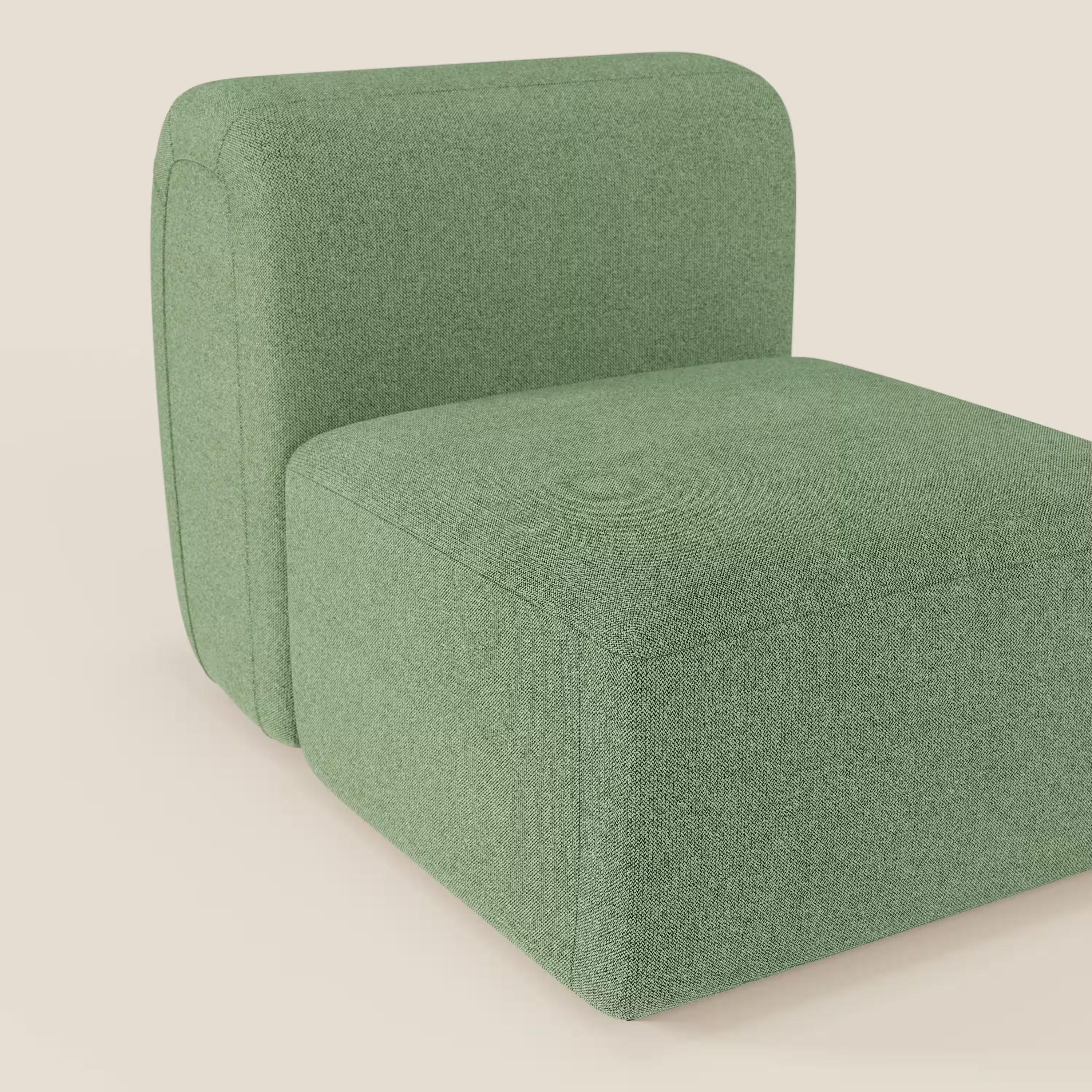 BonBon modulo centrale 70 cm di Divani.Store è una poltroncina senza braccioli rivestita in T23 menta, un tessuto verde antimacchia, con seduta spessa e schienale arrotondato, perfetta come poltrona indipendente o come elemento modulare.